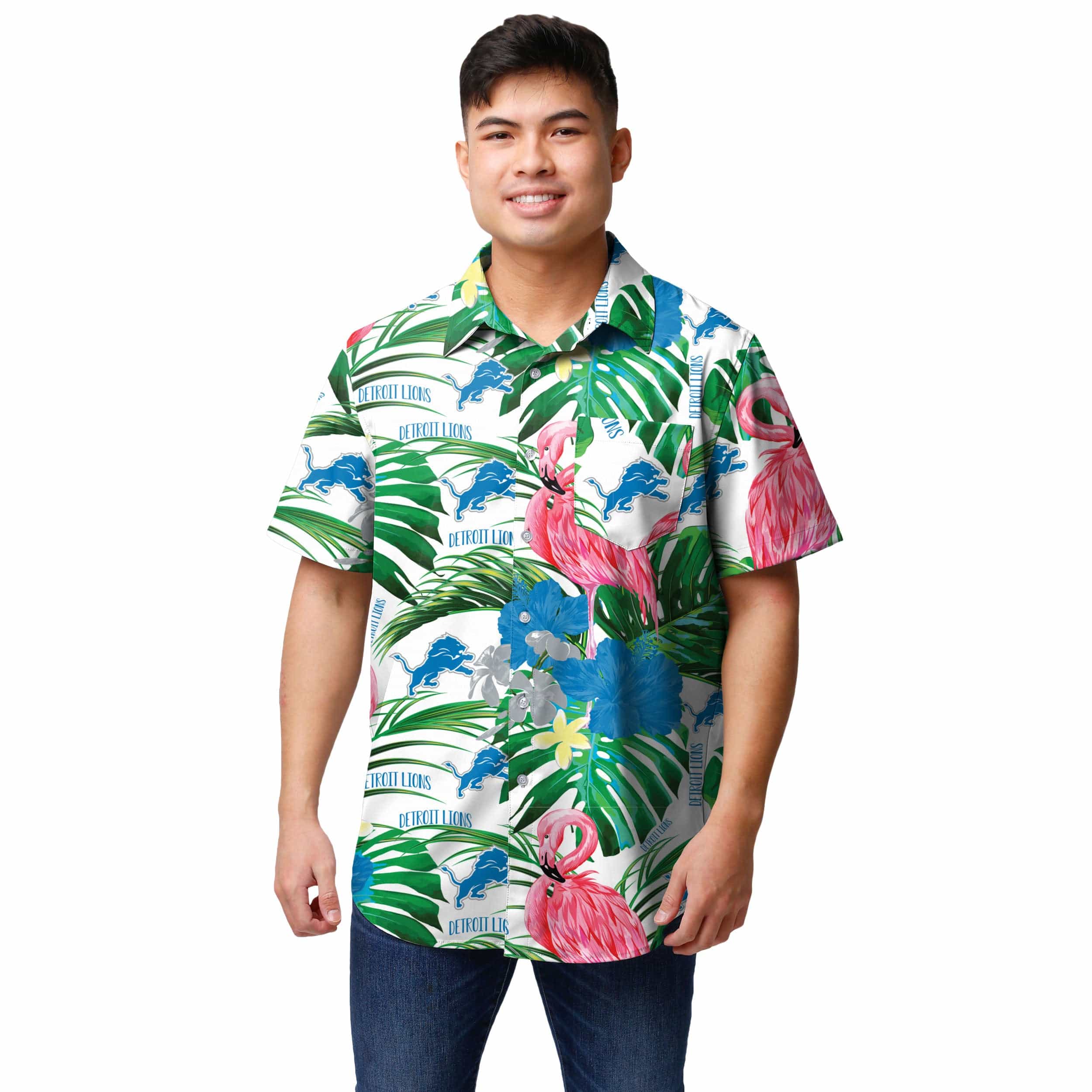Detroit Lions NFL Mens Flamingo Button Up Shirt - Image 2