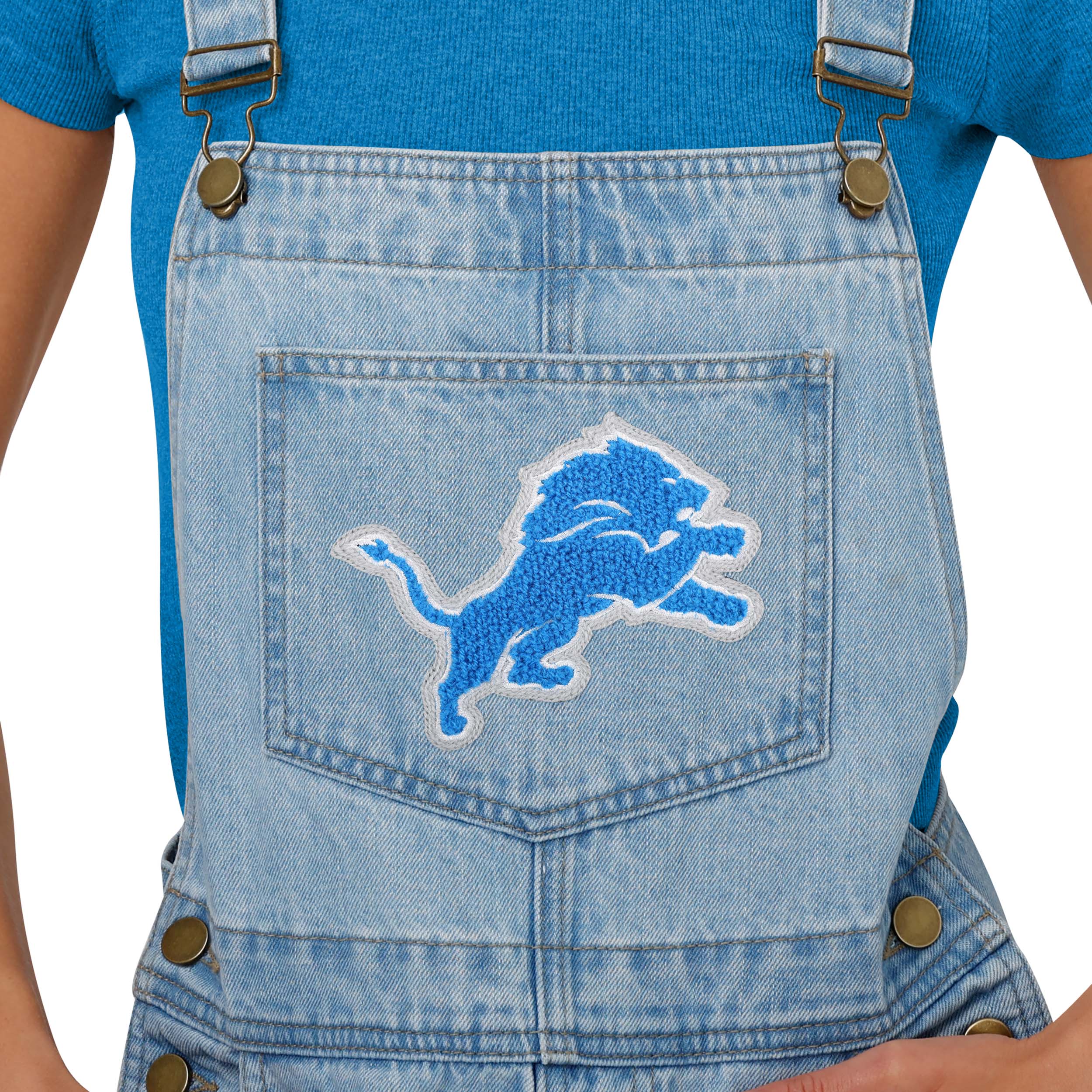 Detroit Lions NFL Womens Big Logo Denim Bib Shortalls - Image 3