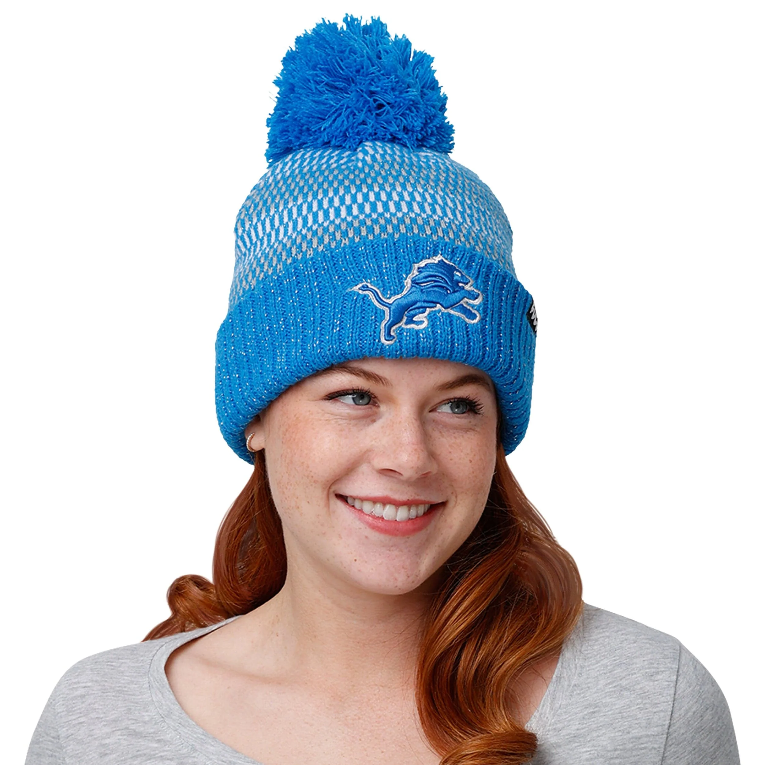 Detroit Lions NFL Womens Cozy Knit Metallic Thread Pom Beanie - Image 3