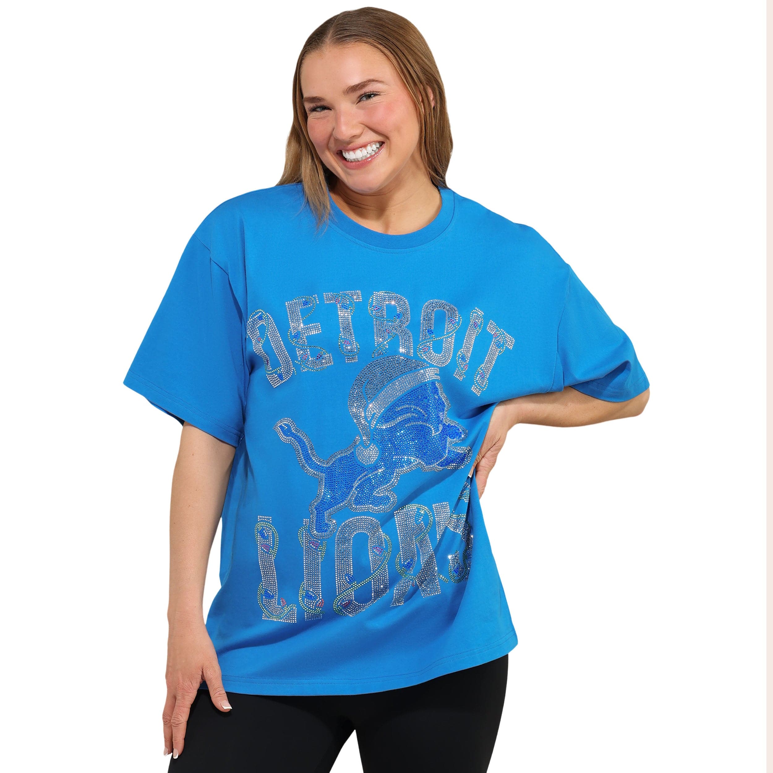 Detroit Lions NFL Womens Rhinestone Logo Oversized Holiday T-Shirt