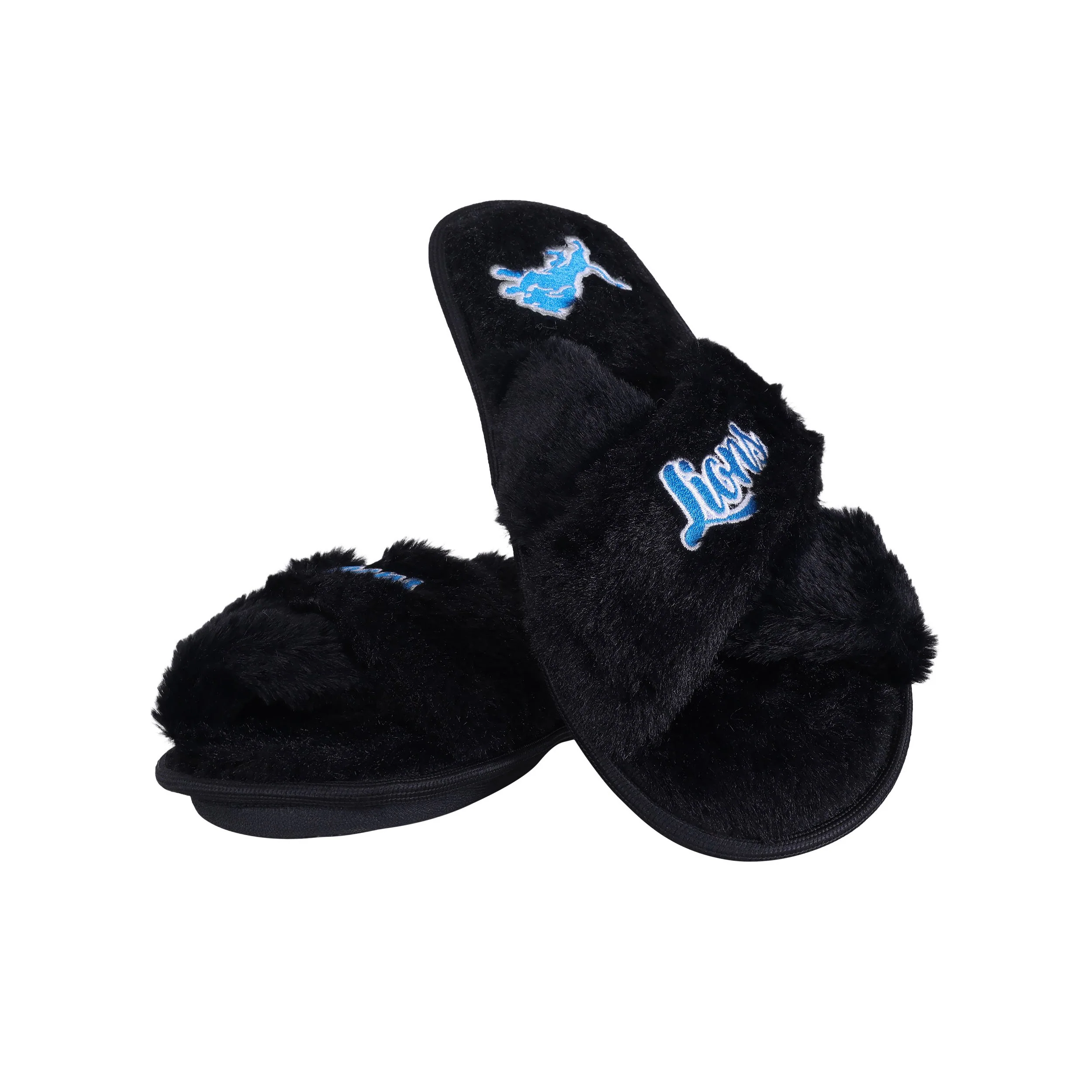 Detroit Lions NFL Womens Script Wordmark Fur Cross Slide