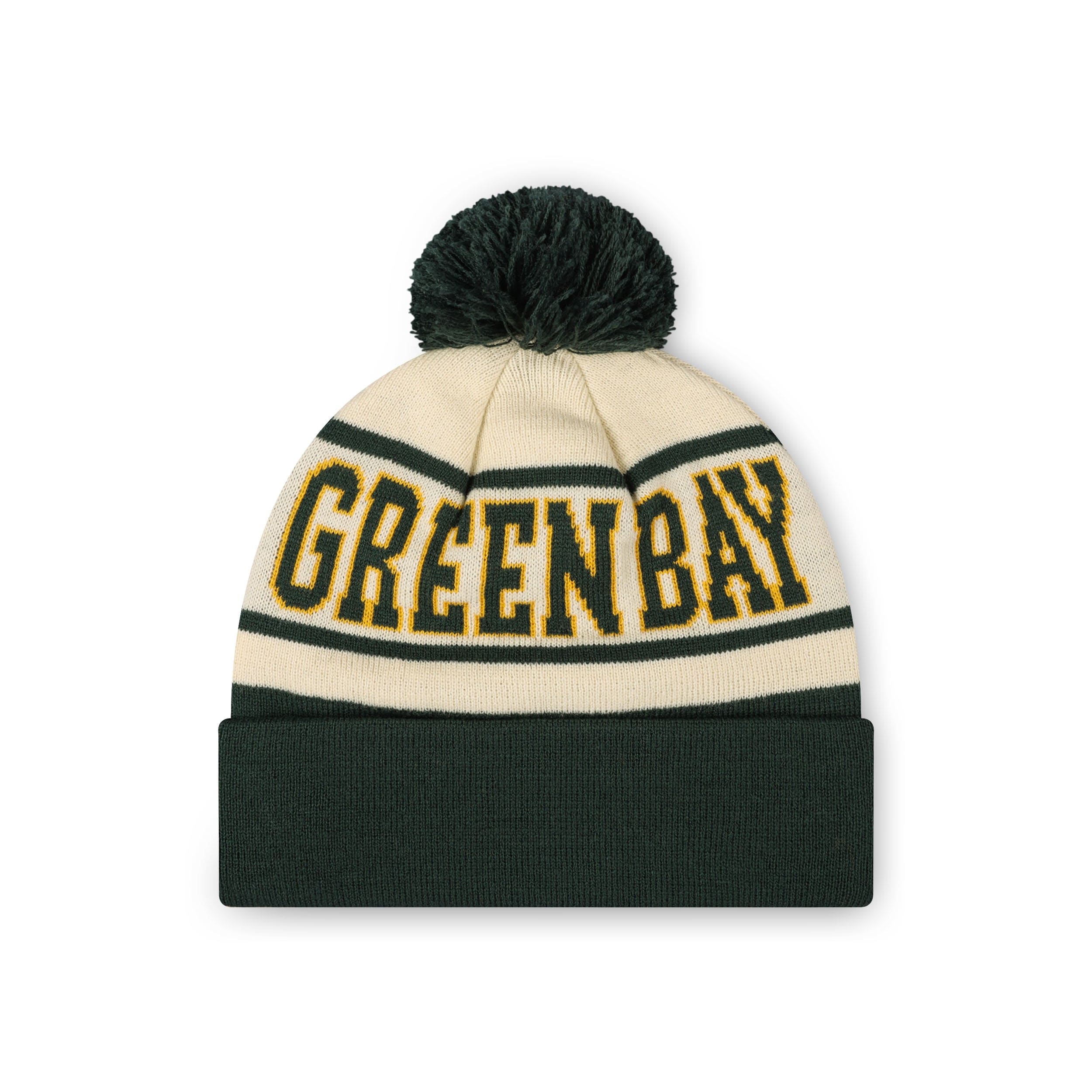 Green Bay Packers NFL Cream Heritage Stripe Retro Logo Pom Beanie - Image 2