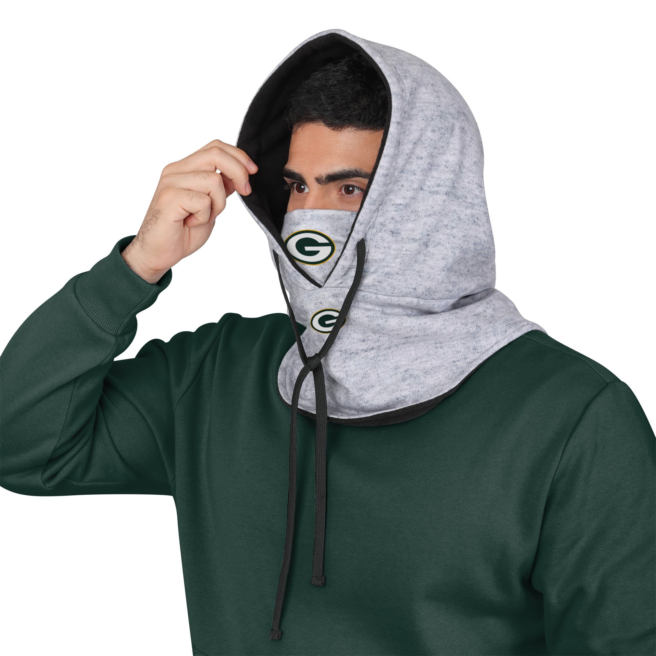 Green Bay Packers NFL Heather Gray Drawstring Hooded Gaiter Scarf - Image 3