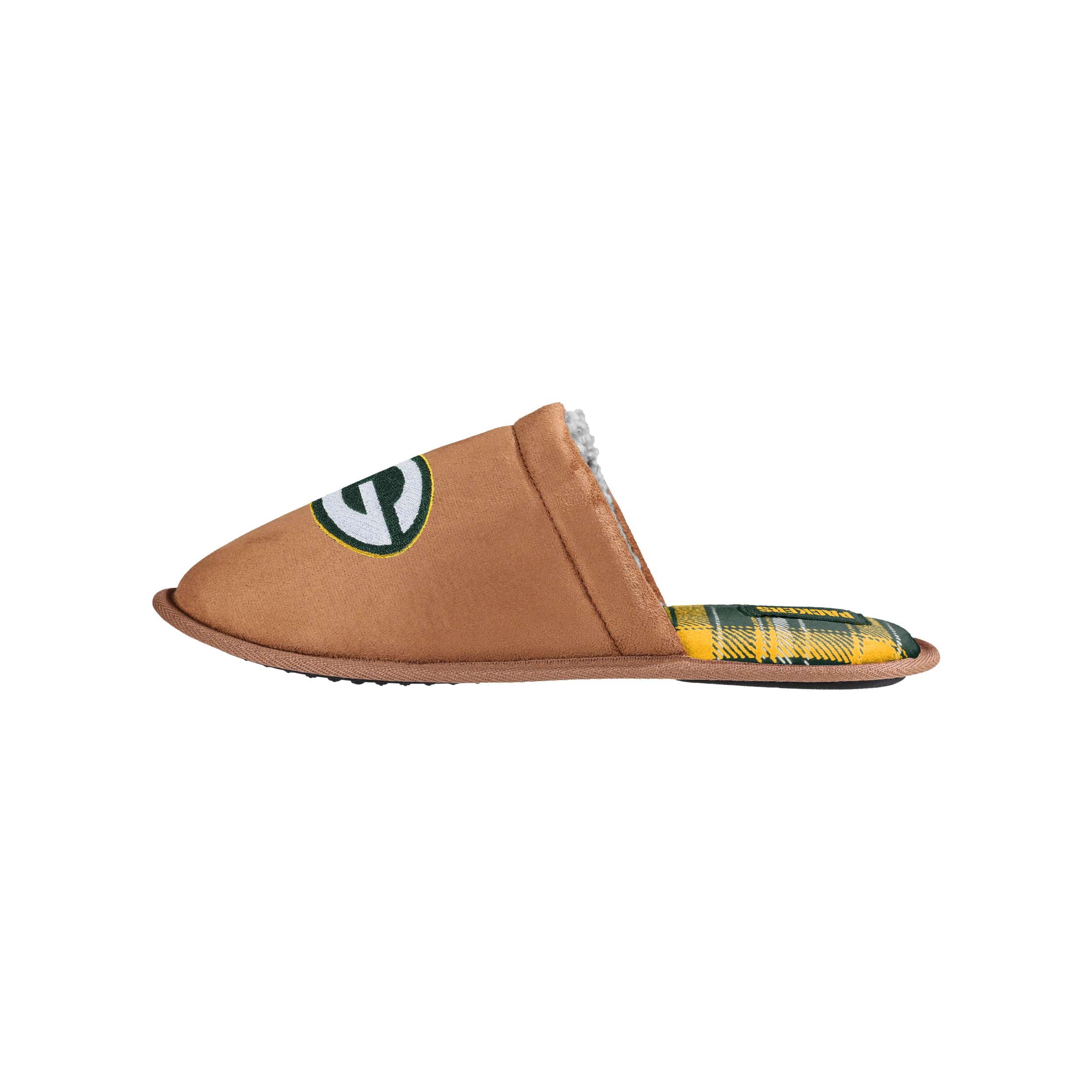 Green Bay Packers NFL Mens Flannel Lined Brown Suede Scuff Slipper
