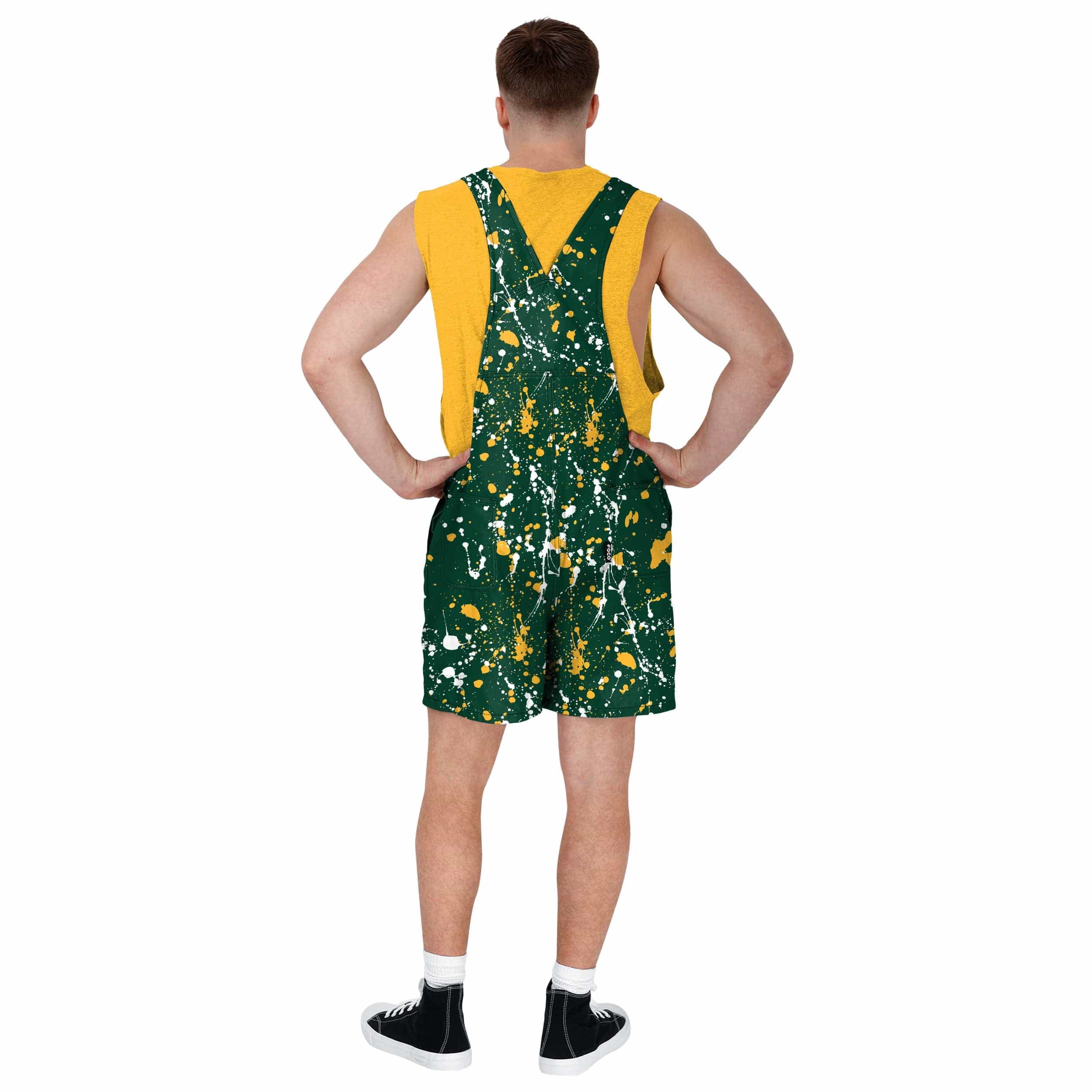Green Bay Packers NFL Mens Paint Splatter Bib Shortalls - Image 2