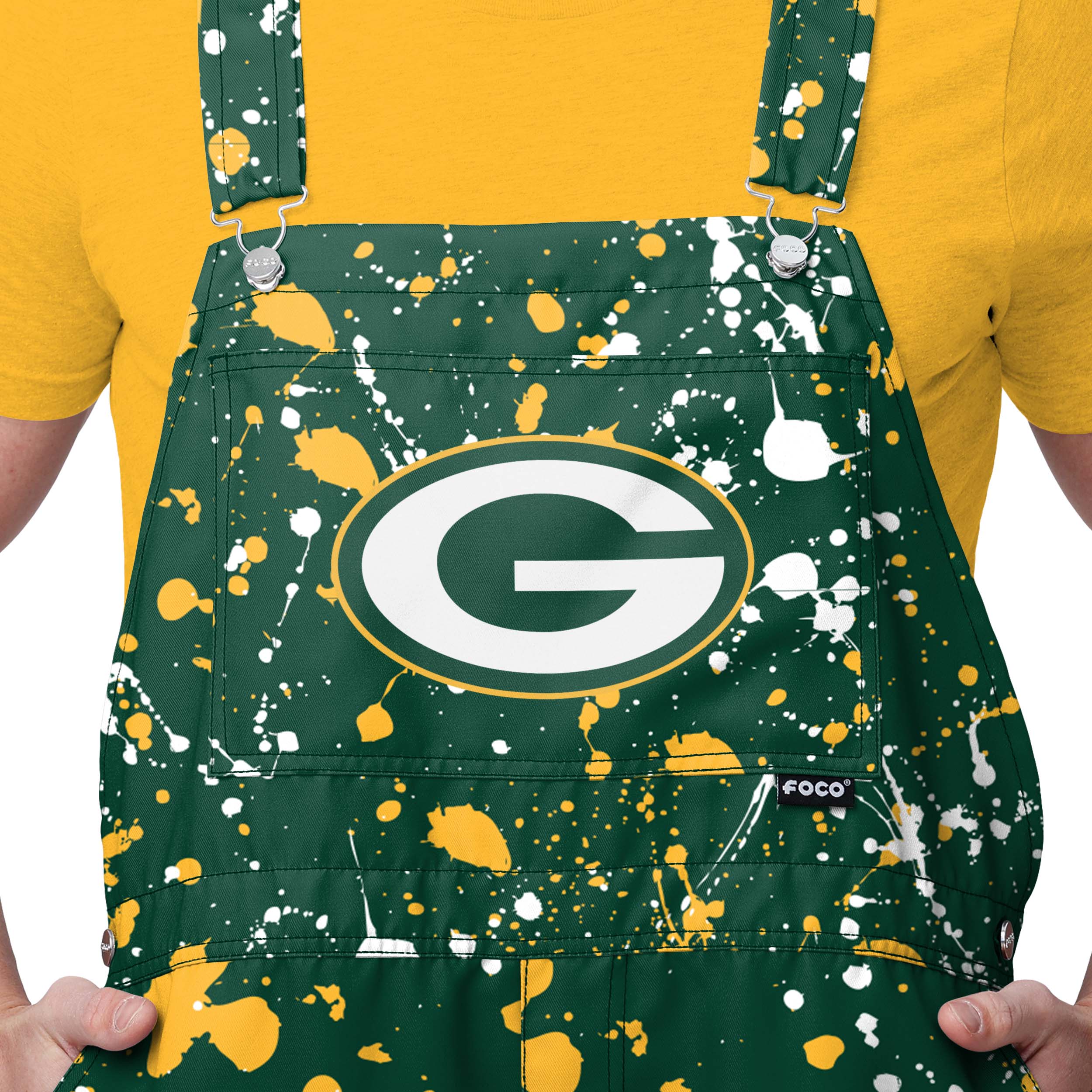 Green Bay Packers NFL Mens Paint Splatter Bib Shortalls - Image 3