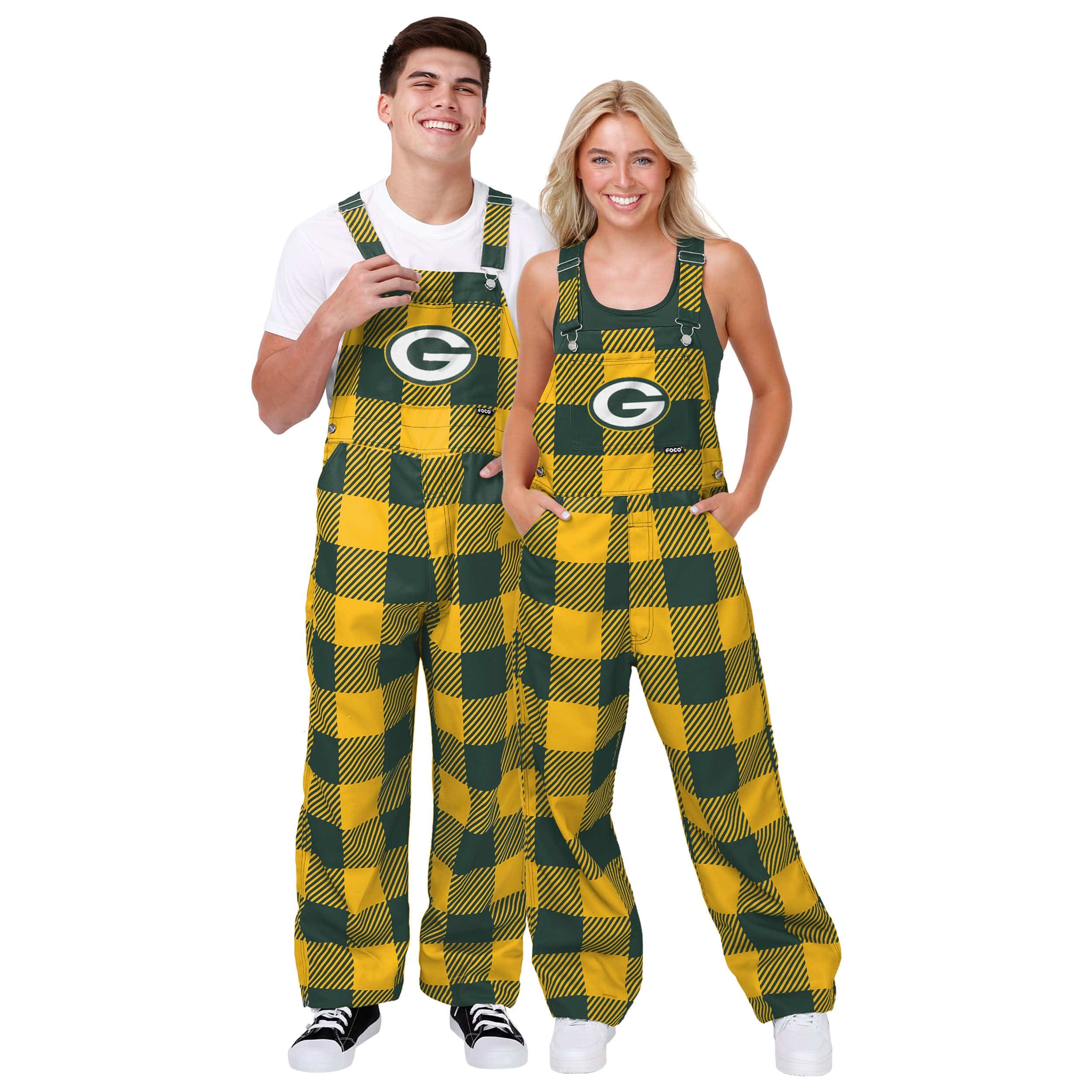 Green Bay Packers NFL Mens Plaid Bib Overalls - Image 3