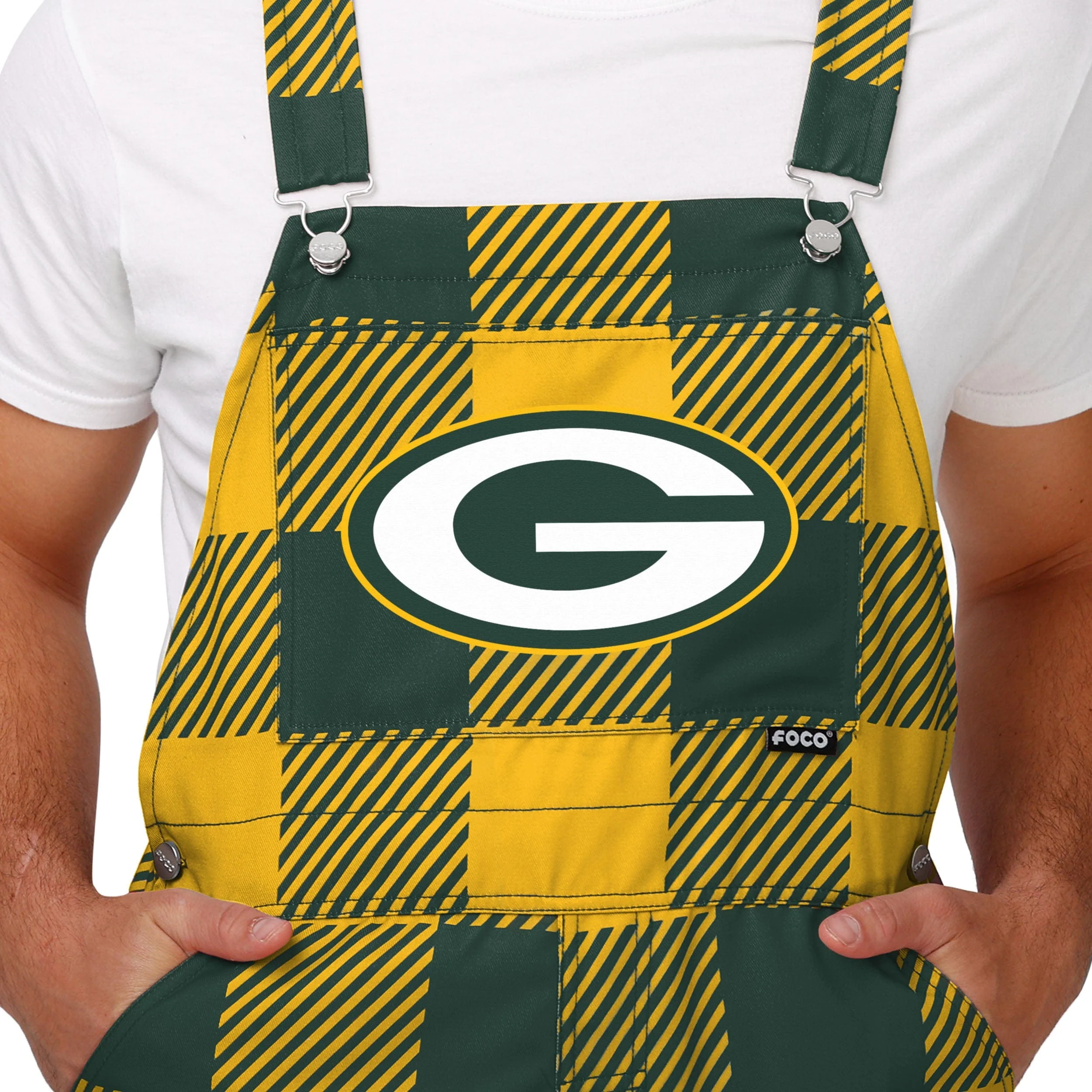 Green Bay Packers NFL Mens Plaid Bib Overalls - Image 4