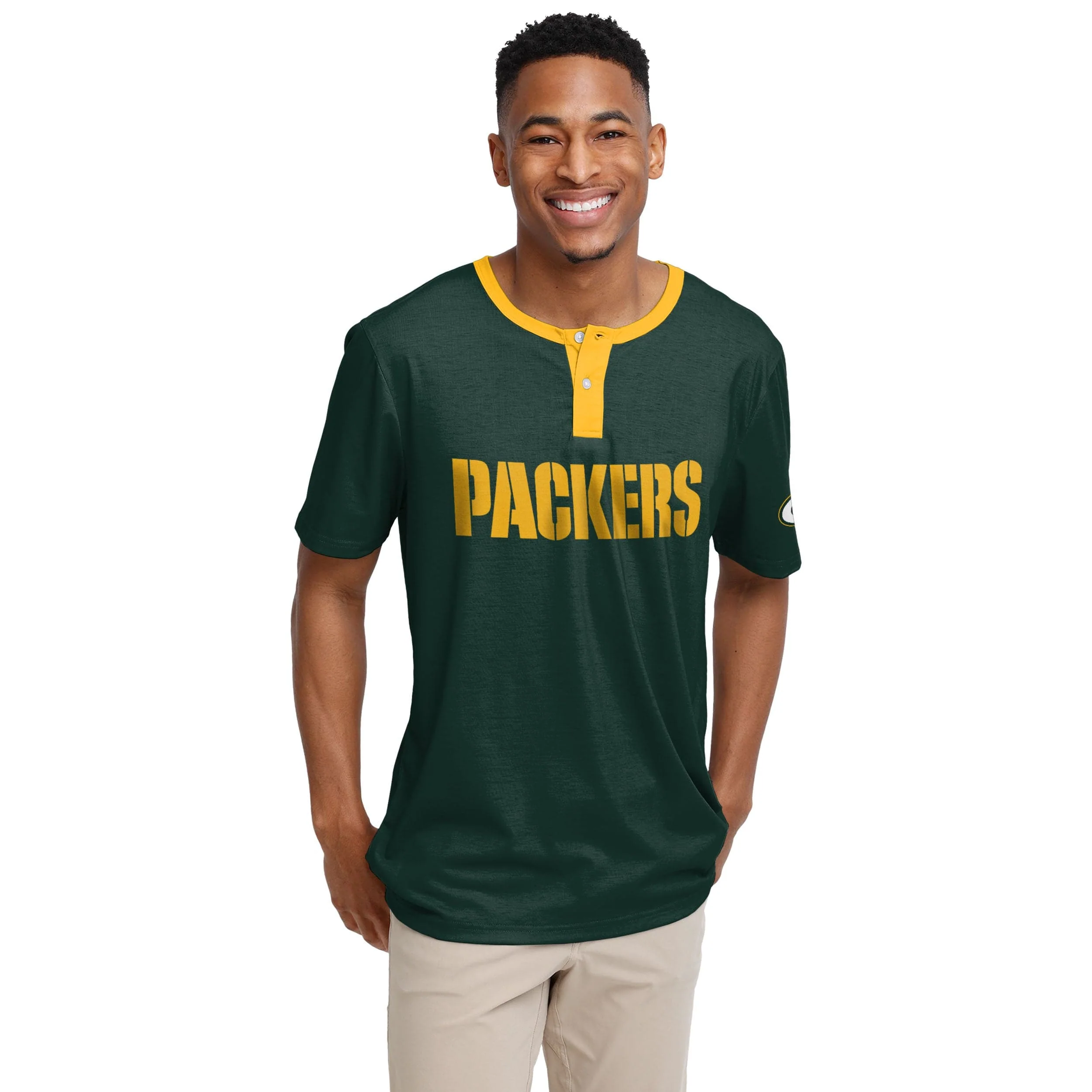 Green Bay Packers NFL Mens Solid Wordmark Short Sleeve Henley - Image 2