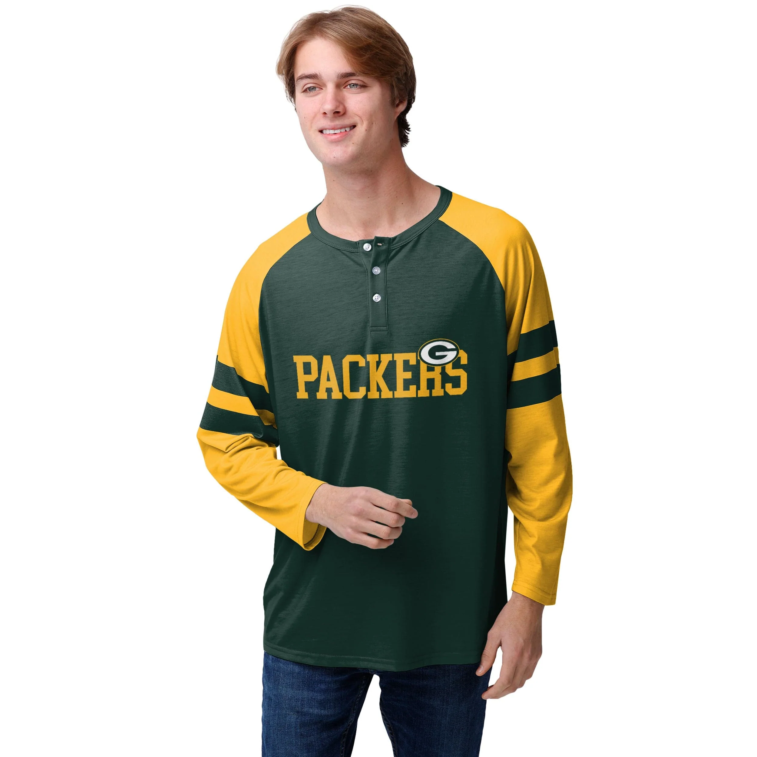 Green Bay Packers NFL Mens Team Stripe Wordmark Long Sleeve Henley - Image 2