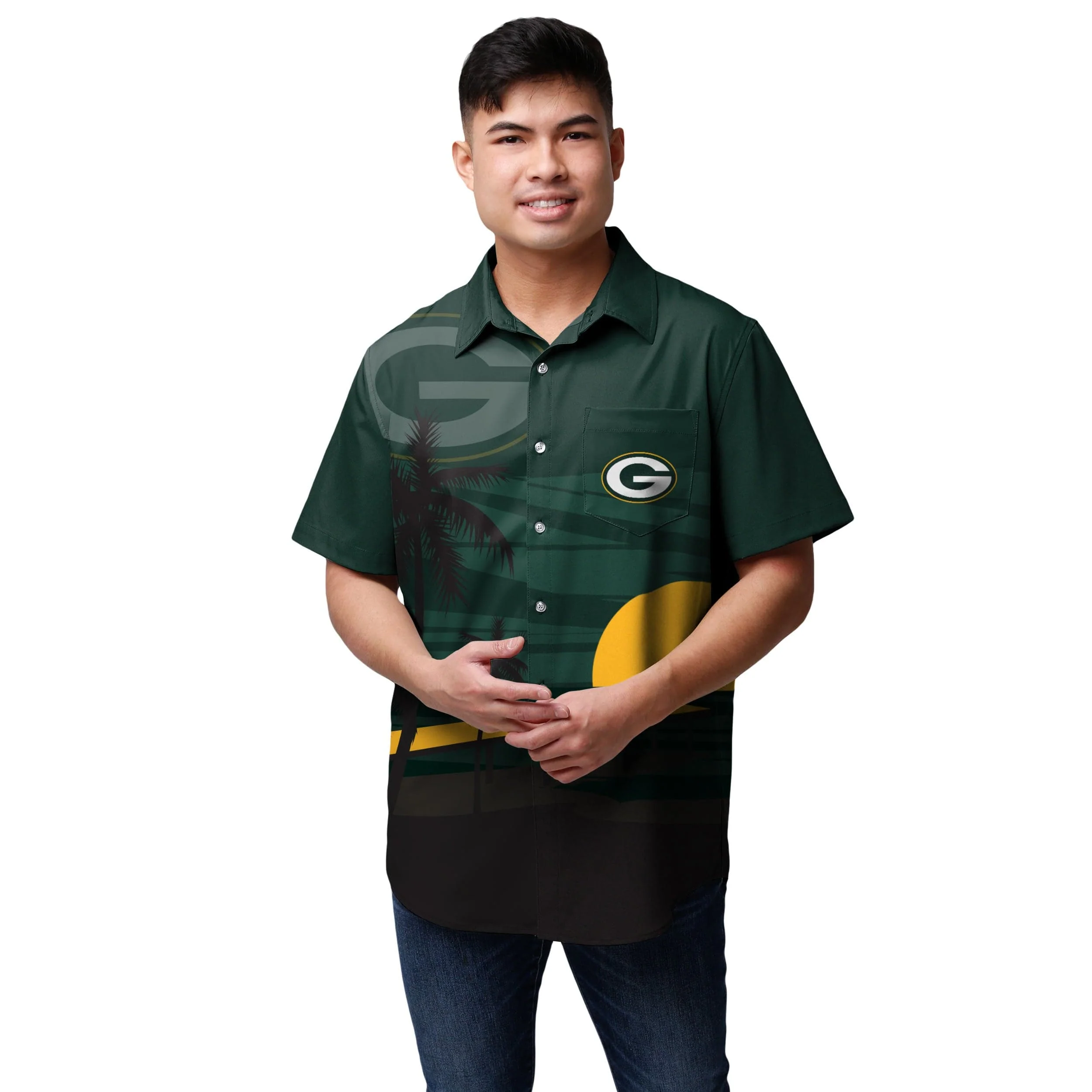 Green Bay Packers NFL Mens Tropical Sunset Button Up Shirt - Image 2