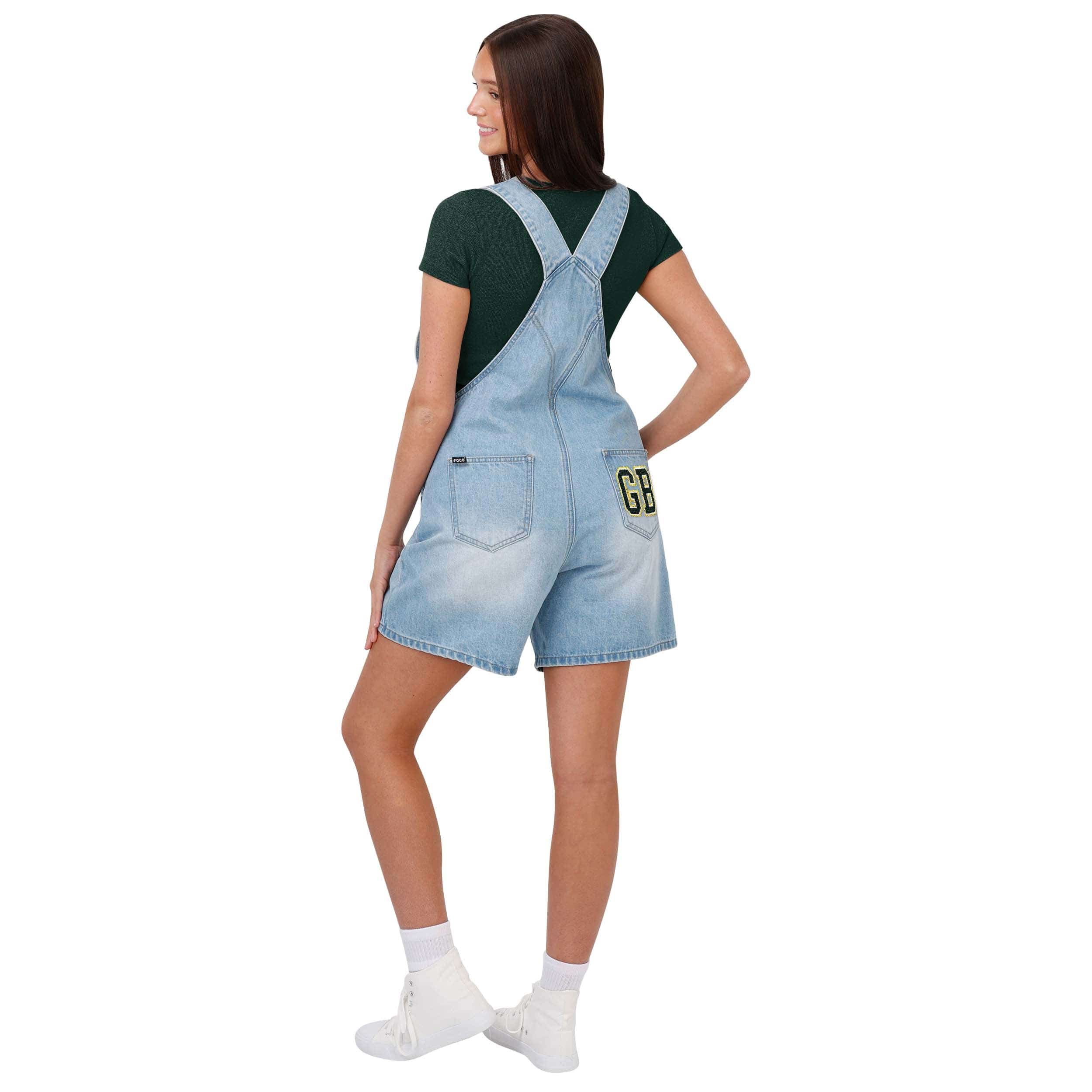 Green Bay Packers NFL Womens Big Logo Denim Bib Shortalls - Image 2