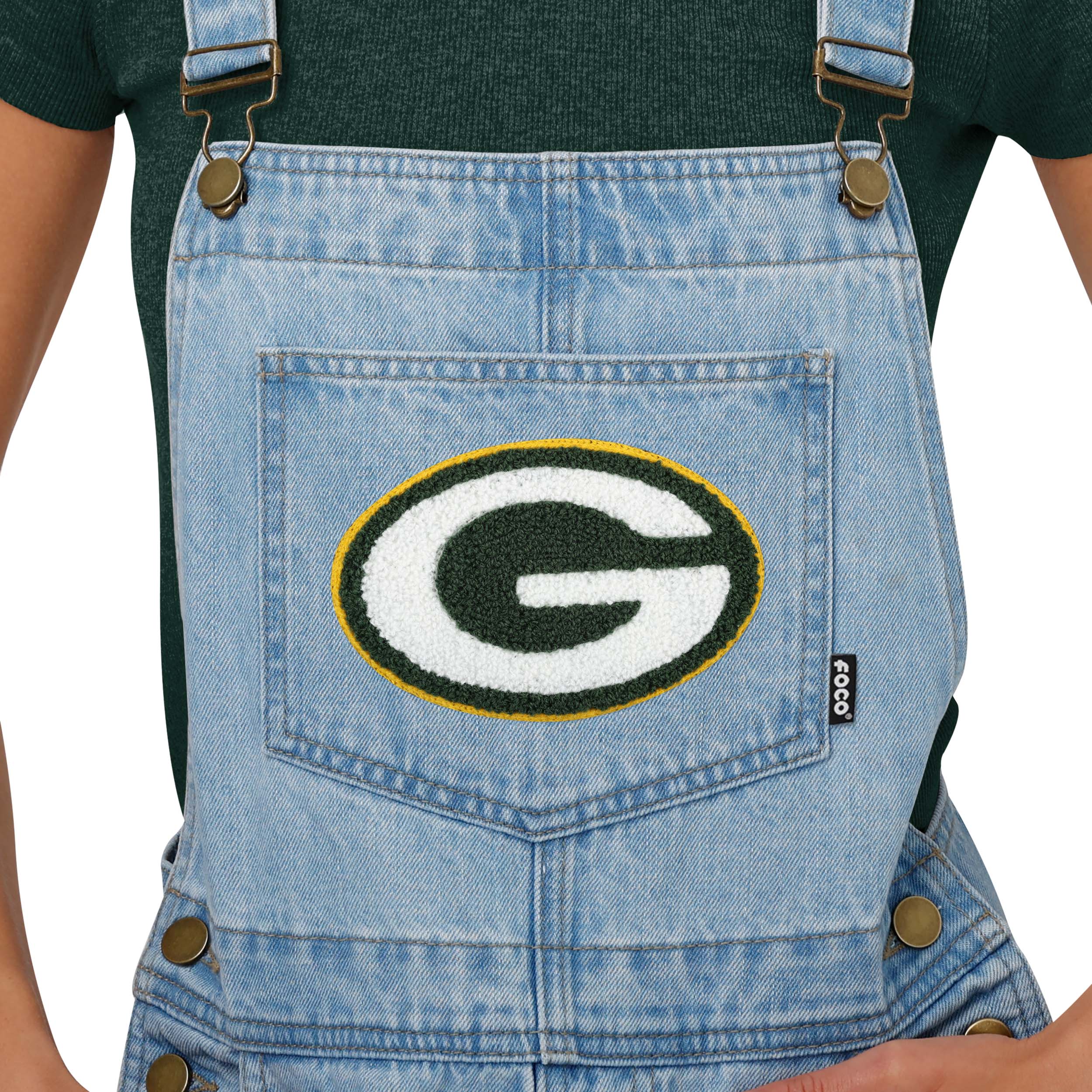 Green Bay Packers NFL Womens Big Logo Denim Bib Shortalls - Image 3