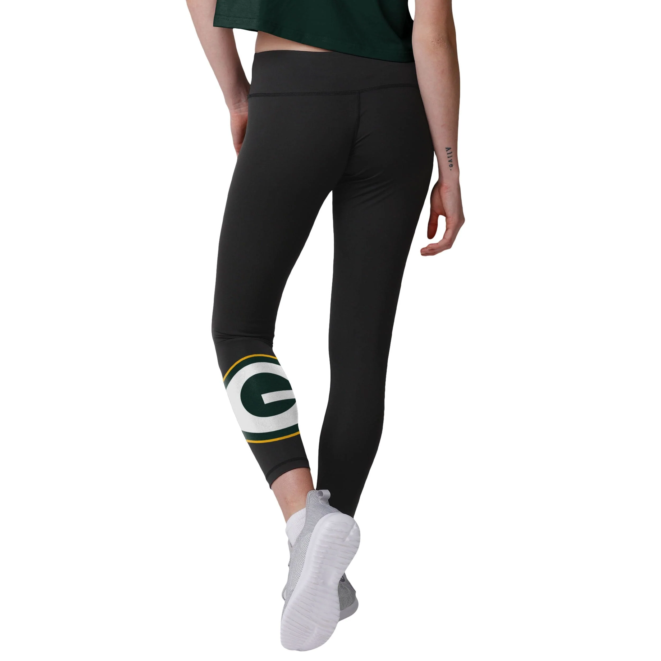 Green Bay Packers NFL Womens Calf Logo Black Leggings - Image 2