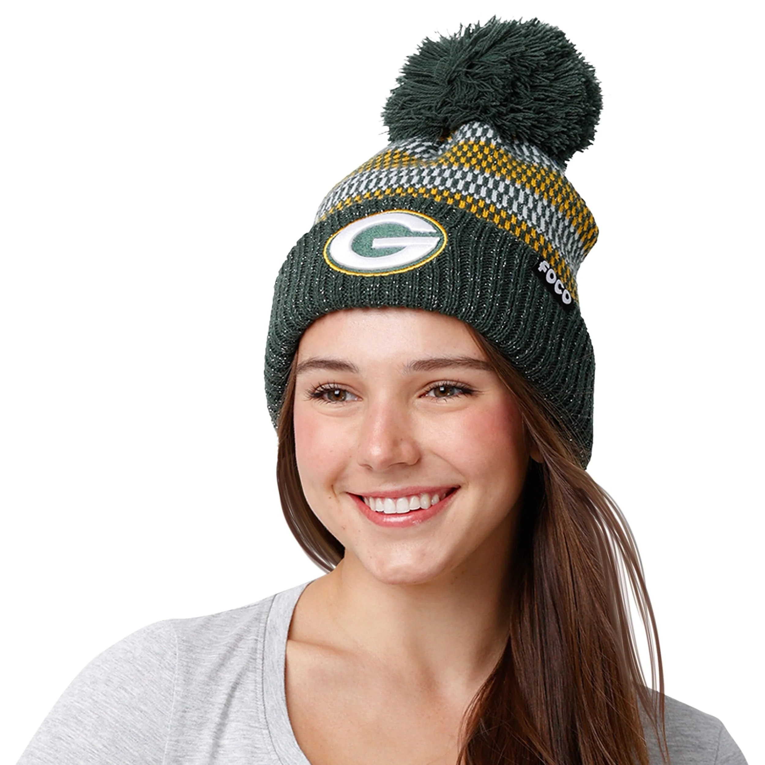 Green Bay Packers NFL Womens Cozy Knit Metallic Thread Pom Beanie - Image 3