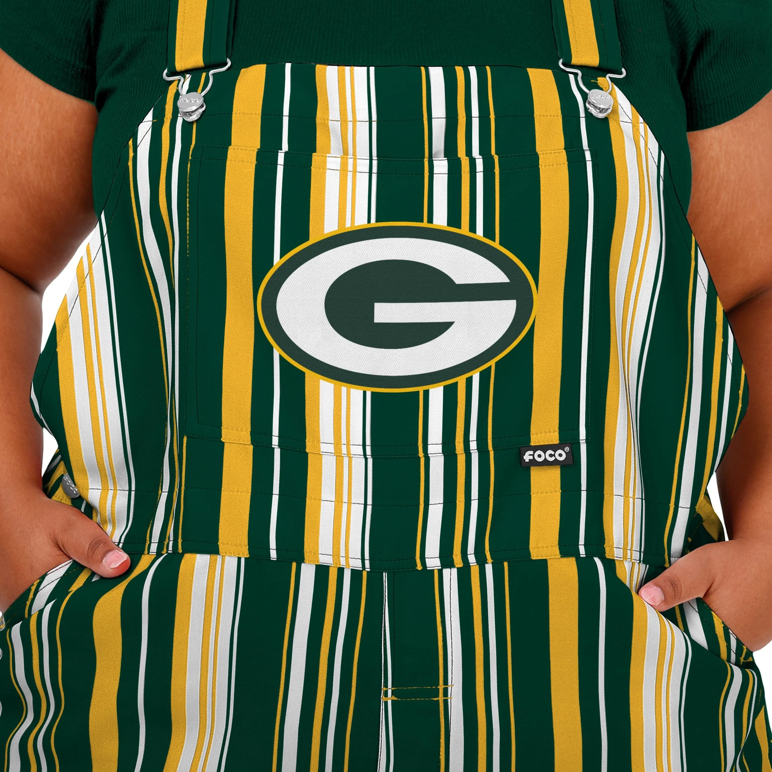 Green Bay Packers NFL Womens Hyper Stripe Bib Overalls - Image 4