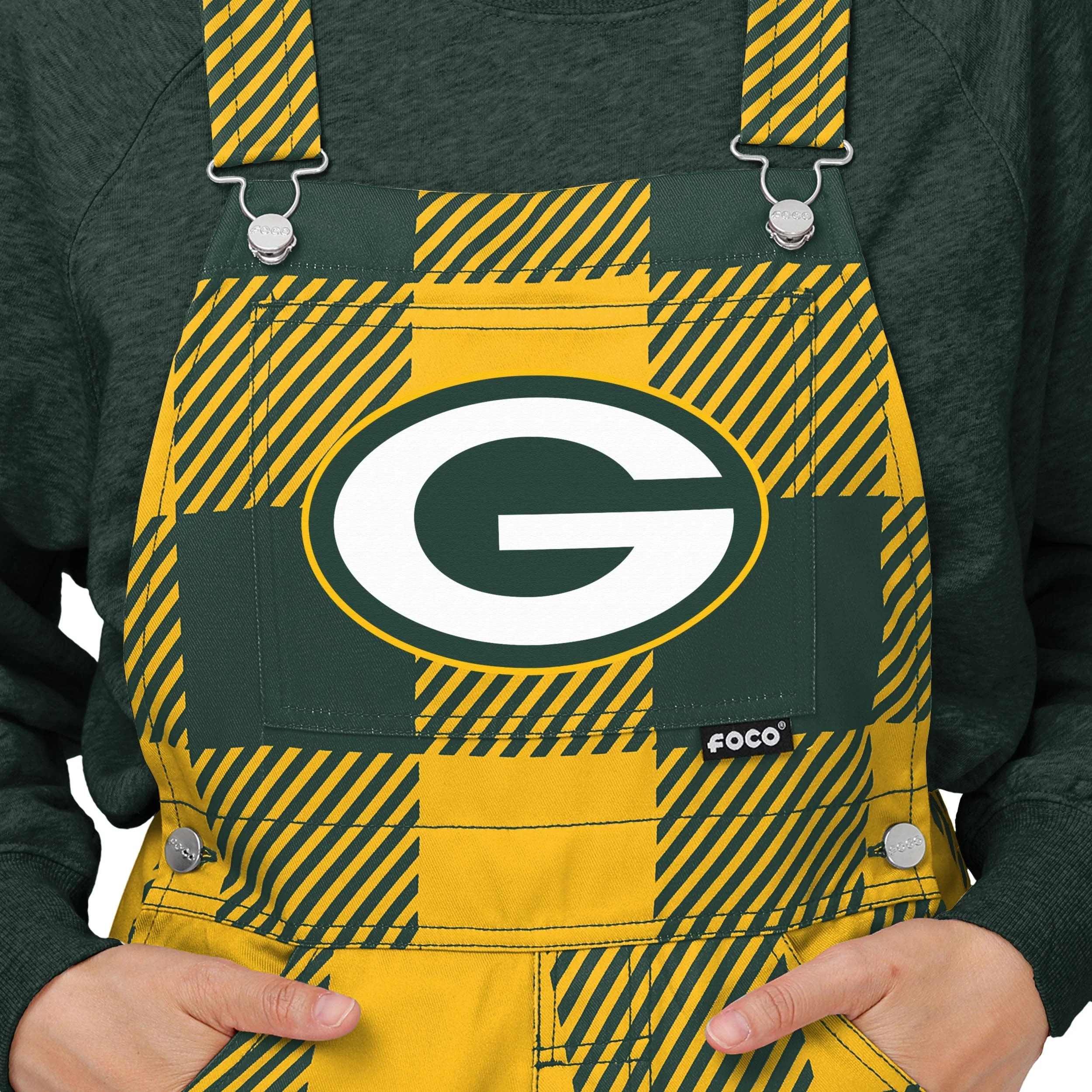 Green Bay Packers NFL Womens Plaid Bib Overalls - Image 4