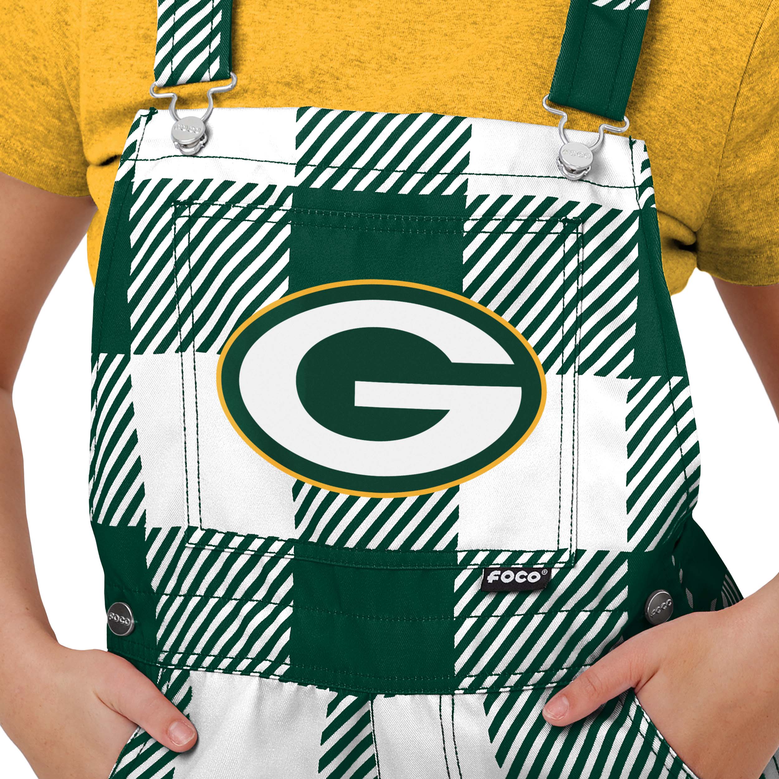 Green Bay Packers NFL Womens Plaid Bib Shortalls - Image 3
