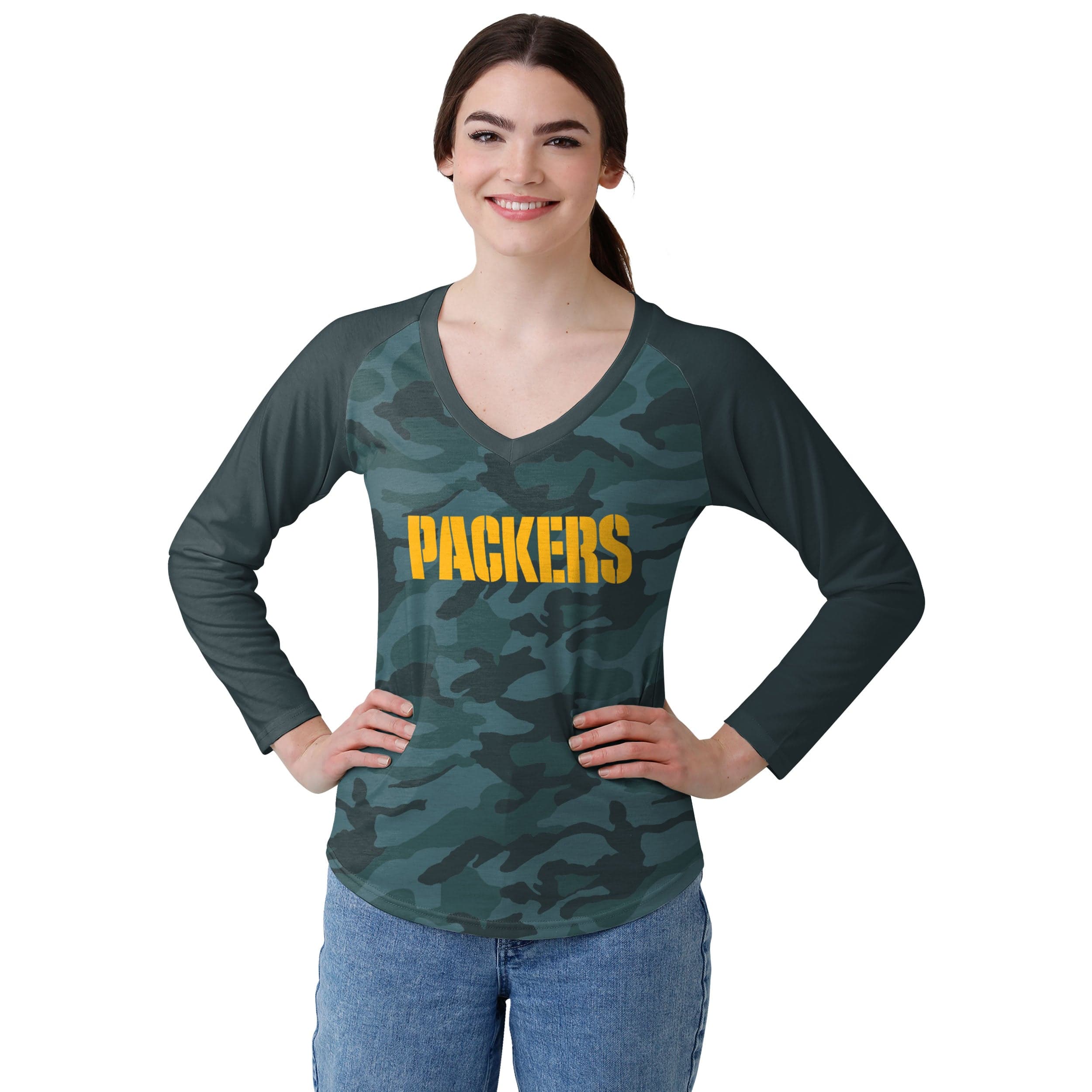 Green Bay Packers NFL Womens Wordmark Tonal Camo Raglan T-Shirt - Image 2
