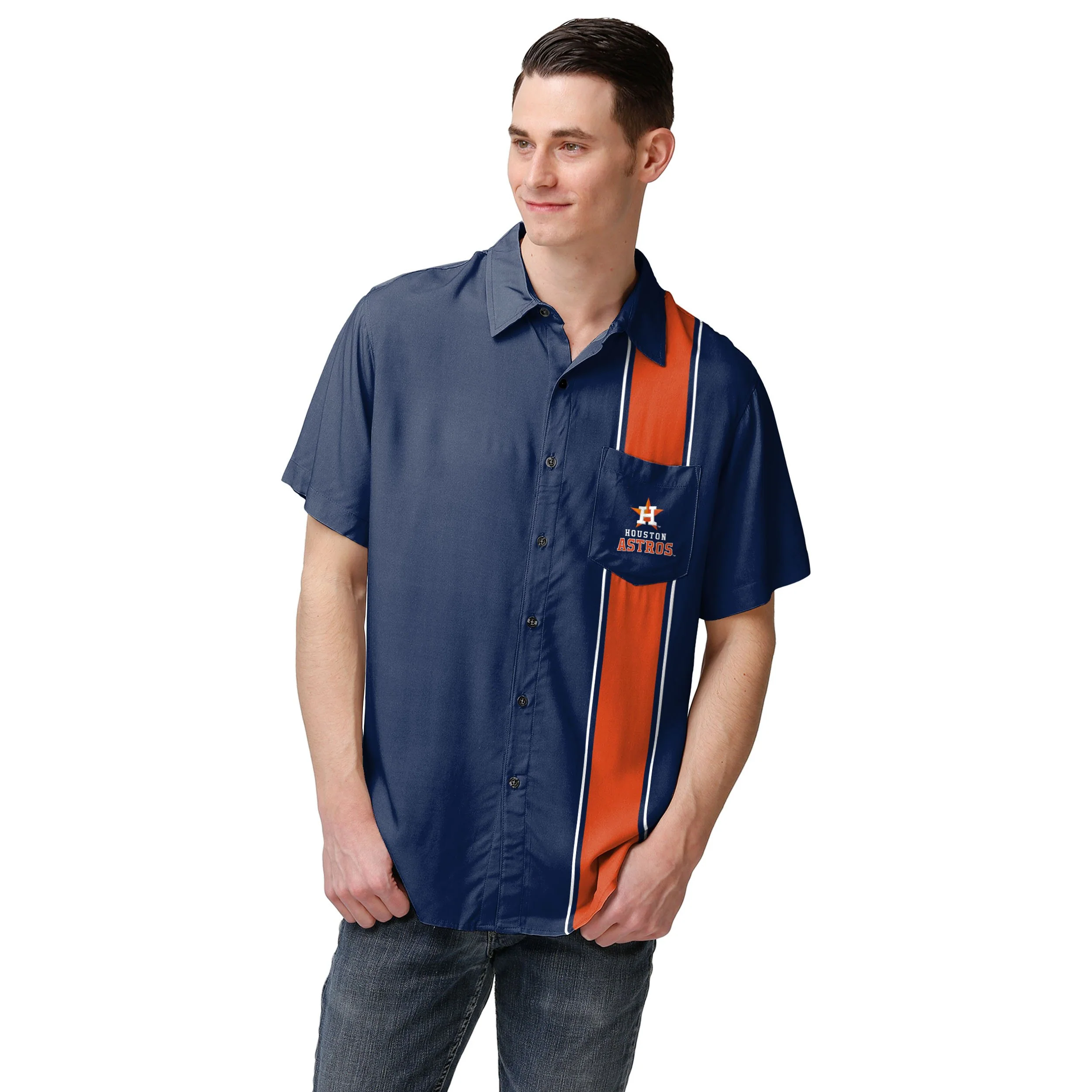 Houston Astros MLB Mens Bowling Stripe Button Up Shirt - Image 2