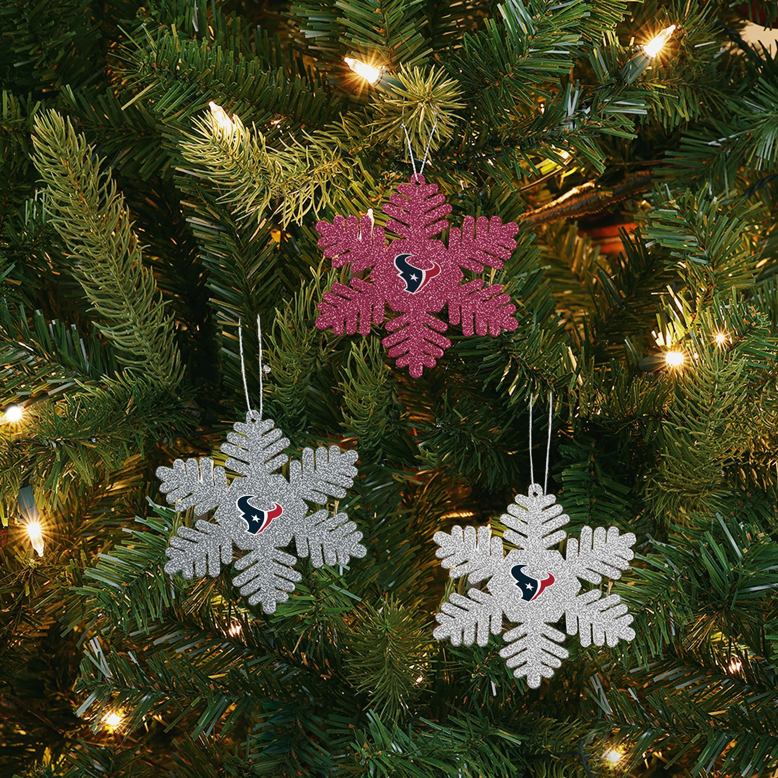 Houston Texans NFL 3 Pack Metal Glitter Snowflake Ornament - Image 2