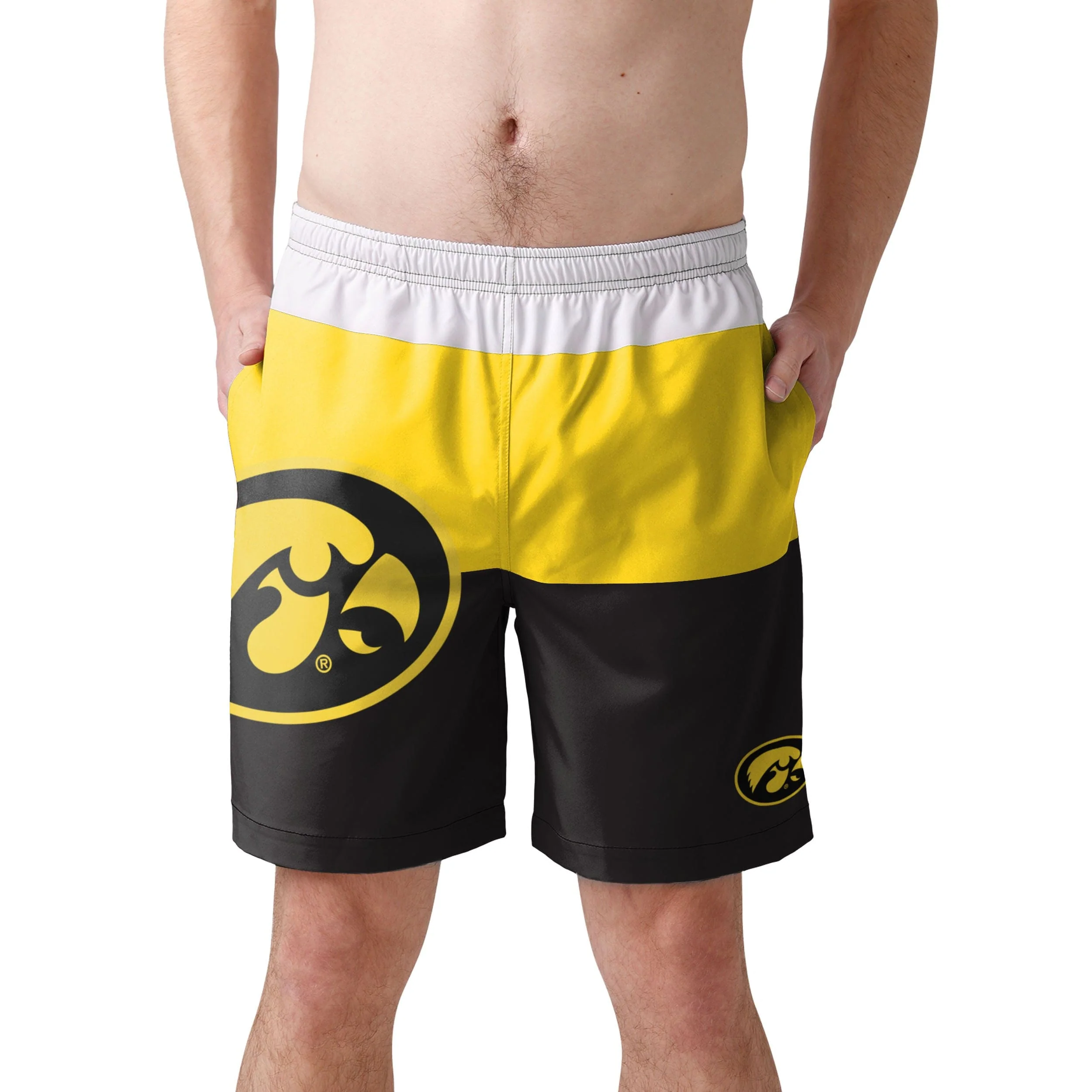 Iowa Hawkeyes NCAA Mens 3 Stripe Big Logo Swimming Trunks - Image 2