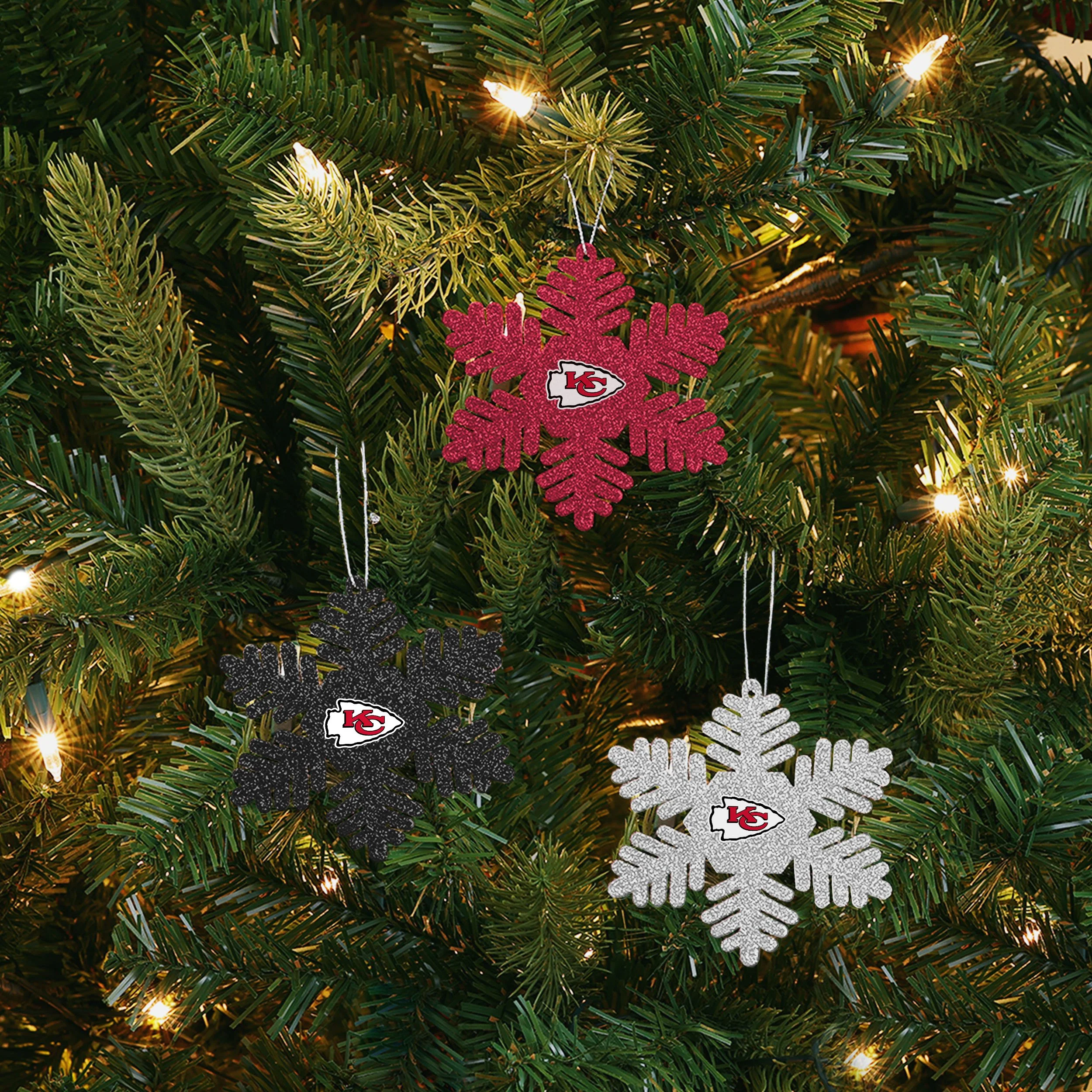 Kansas City Chiefs NFL 3 Pack Metal Glitter Snowflake Ornament - Image 2