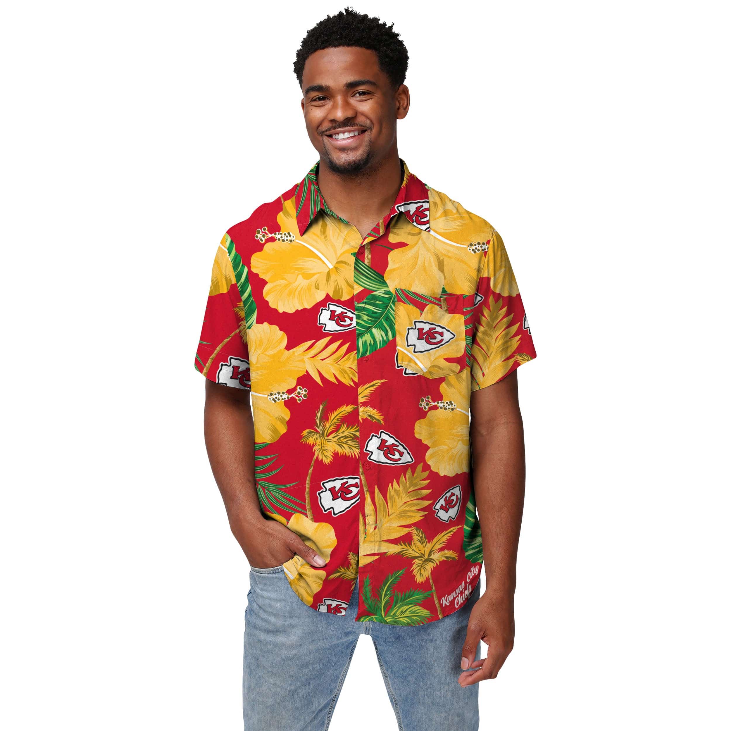 Kansas City Chiefs NFL Mens Team Color Hibiscus Button Up Shirt - Image 2