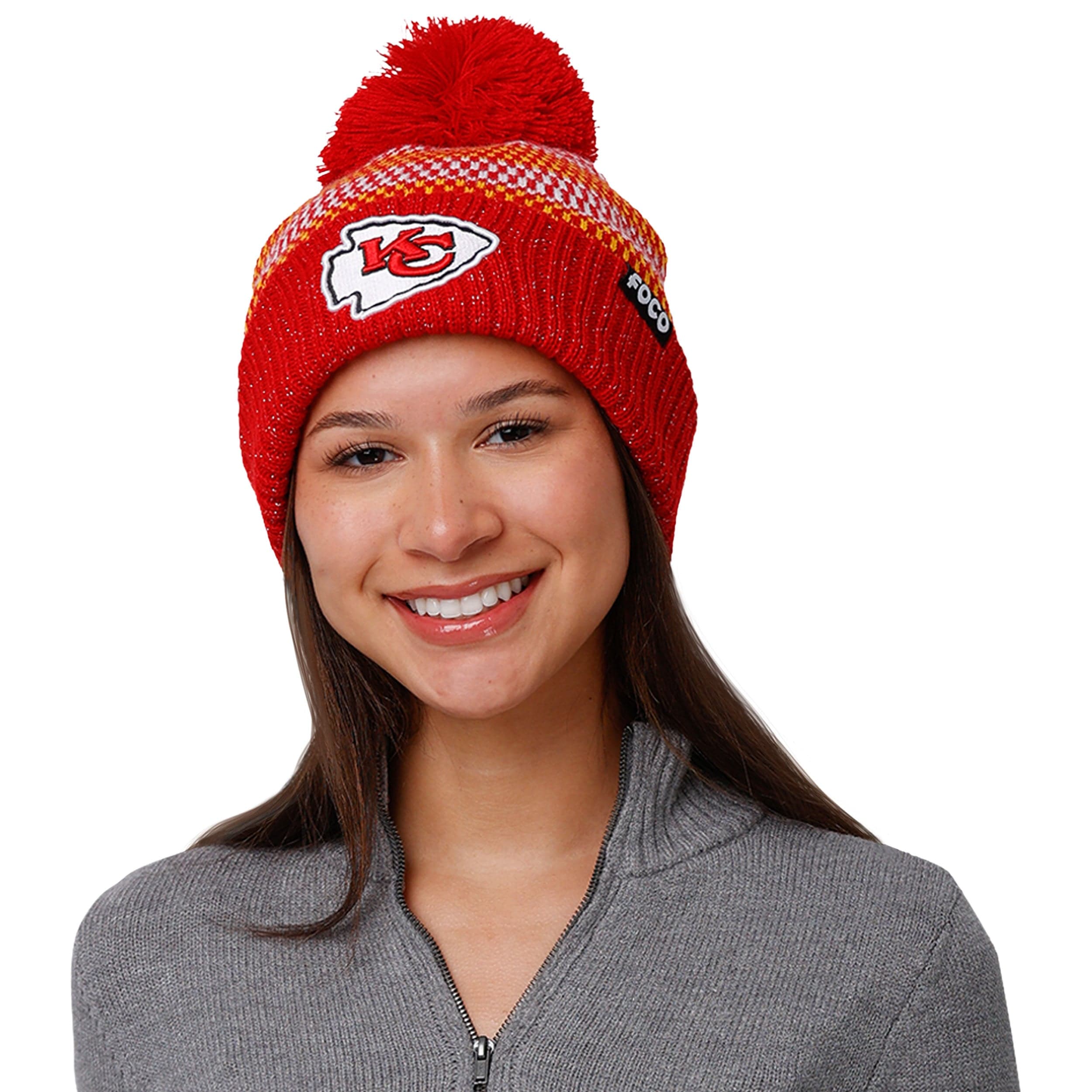 Kansas City Chiefs NFL Womens Cozy Knit Metallic Thread Pom Beanie - Image 3
