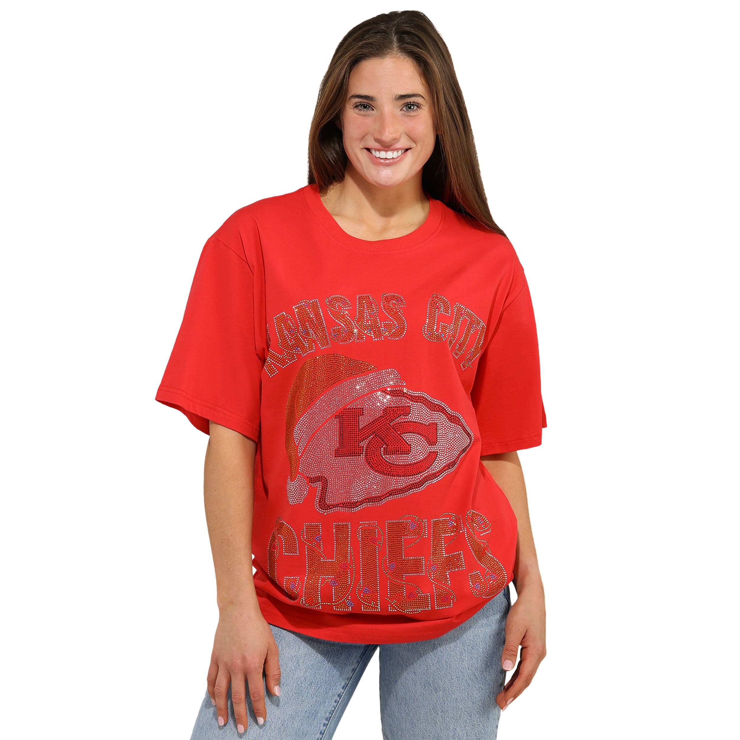 Kansas City Chiefs NFL Womens Rhinestone Logo Oversized Holiday T-Shirt