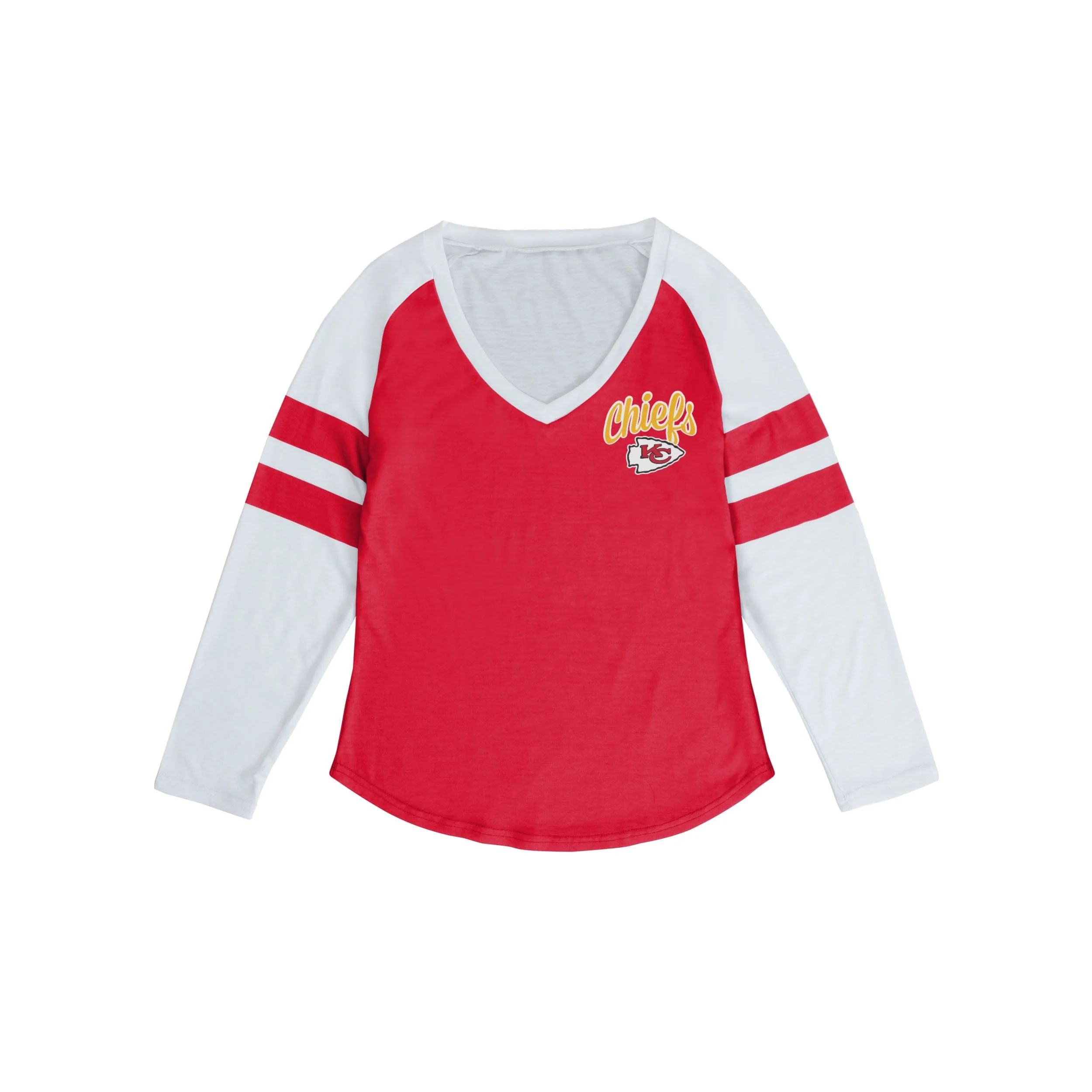 Kansas City Chiefs NFL Womens Script Wordmark Striped Sleeve Raglan T-Shirt