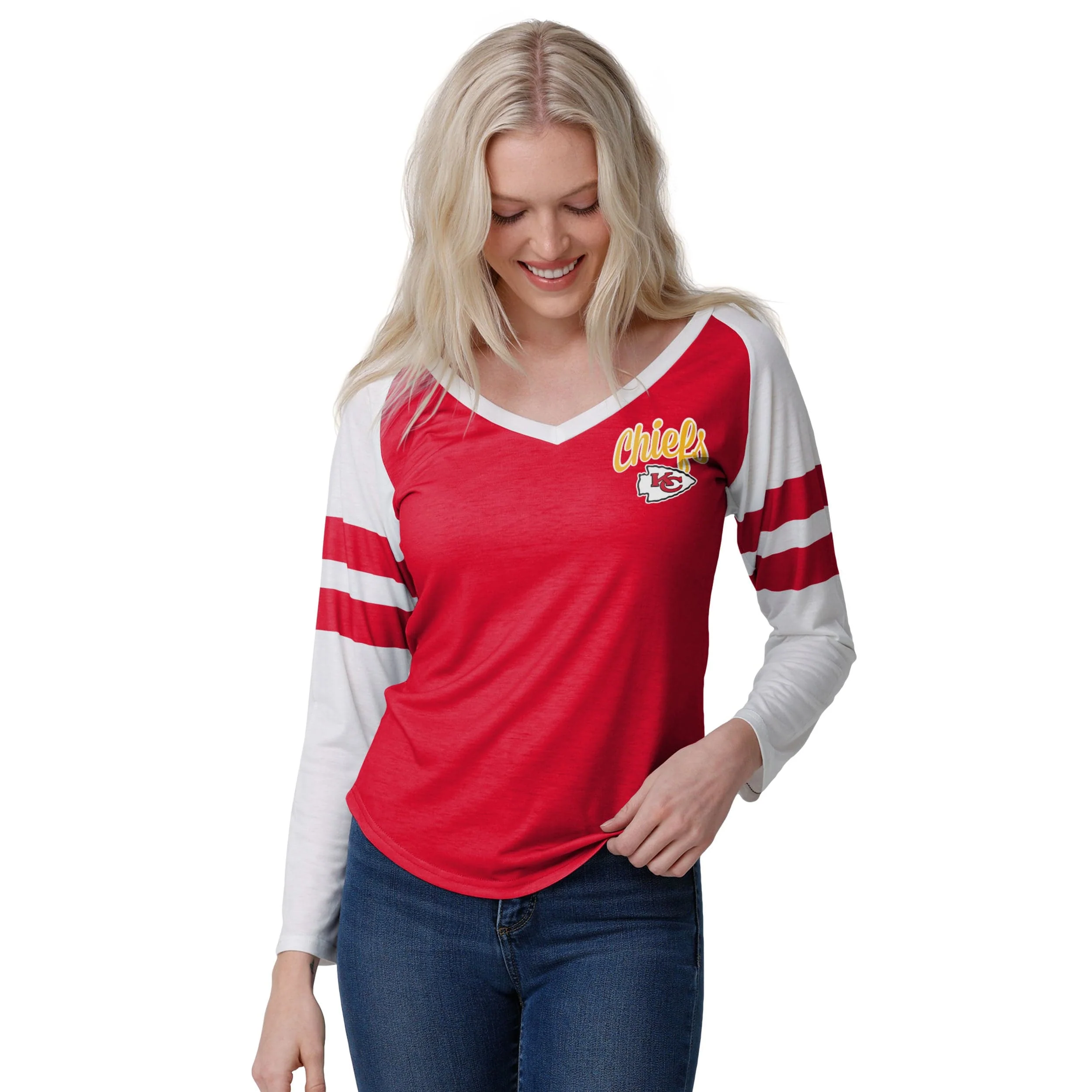 Kansas City Chiefs NFL Womens Script Wordmark Striped Sleeve Raglan T-Shirt - Image 2