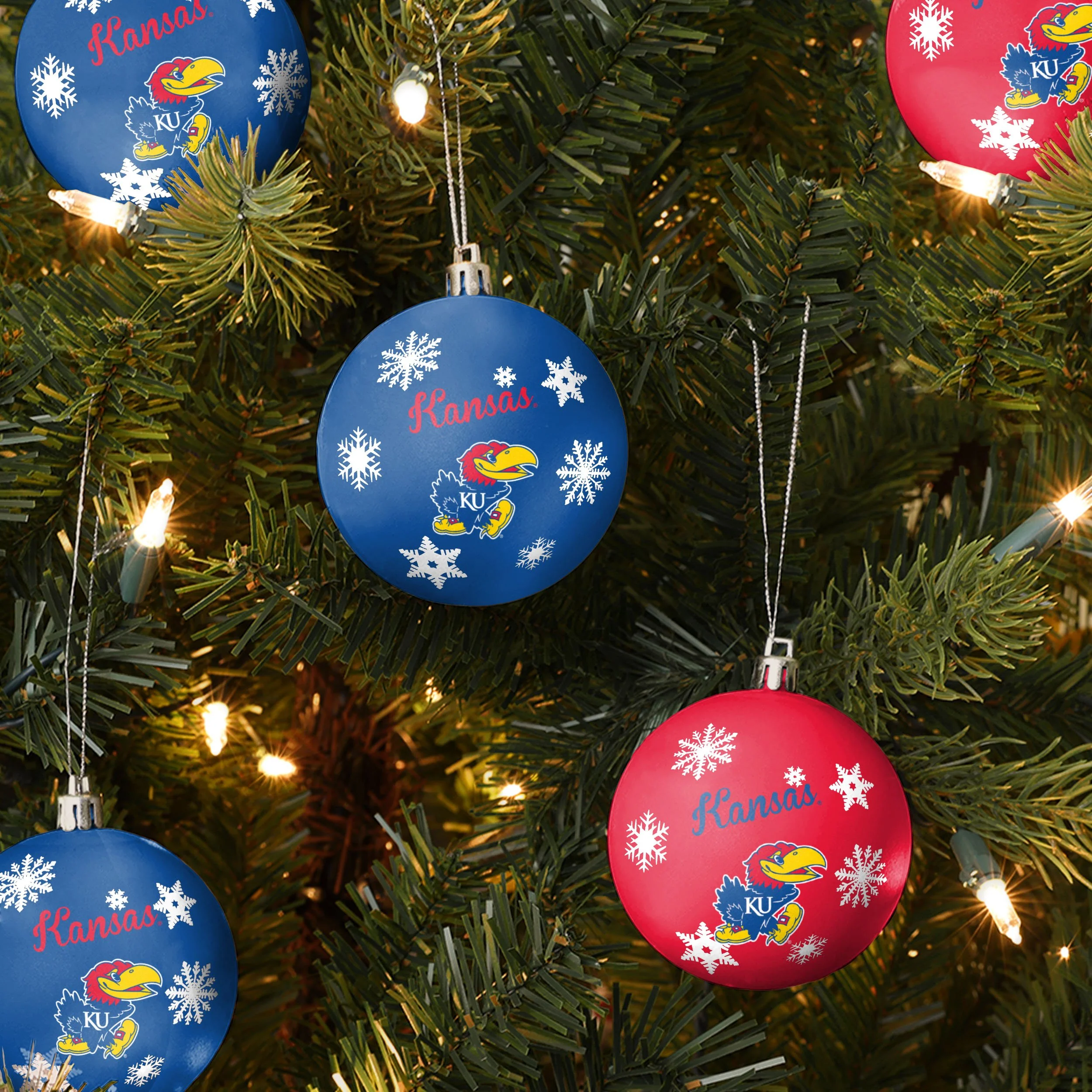 Kansas Jayhawks NCAA 5 Pack Shatterproof Ball Ornament Set - Image 2