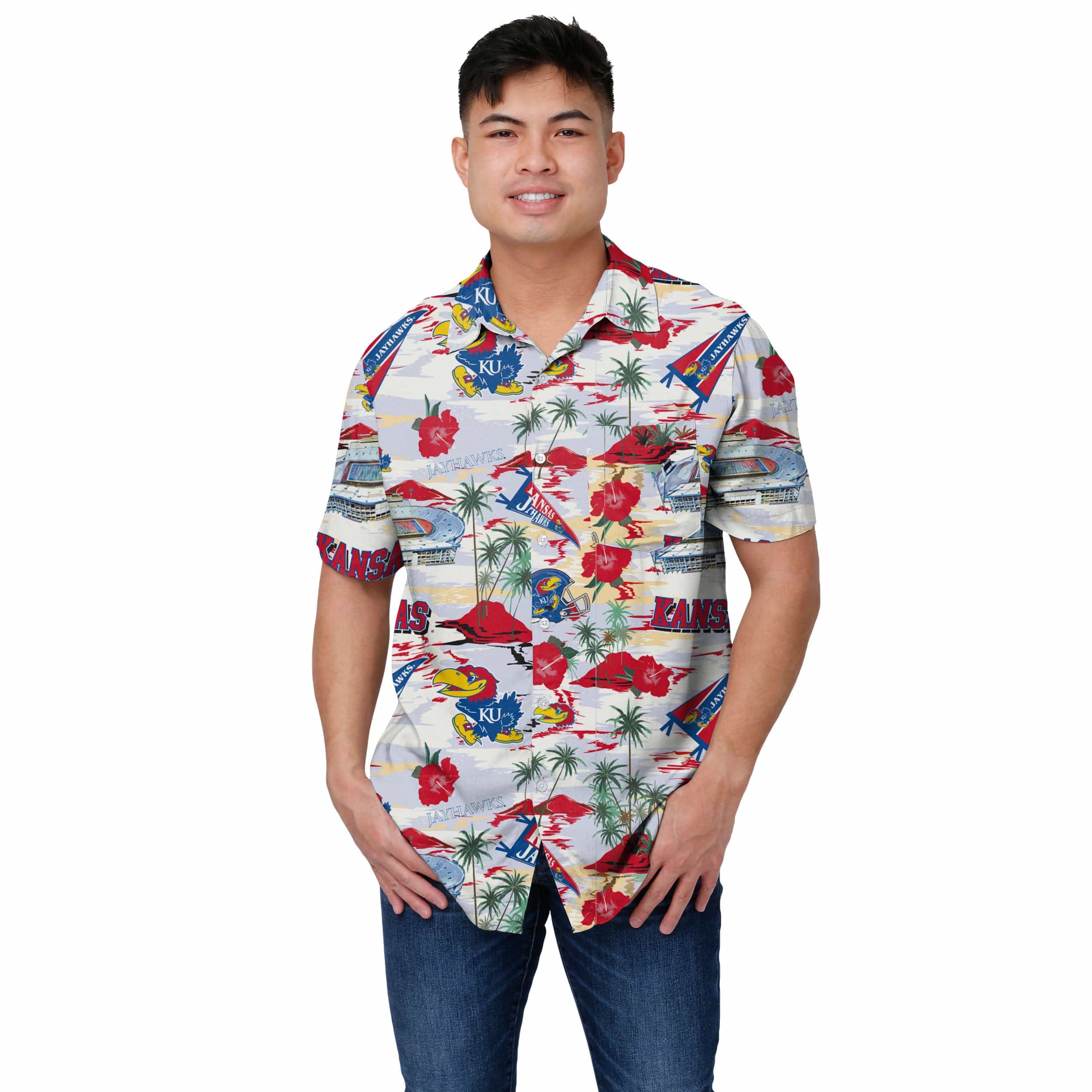 Kansas Jayhawks NCAA Mens Thematic Stadium Print Button Up Shirt - Image 2