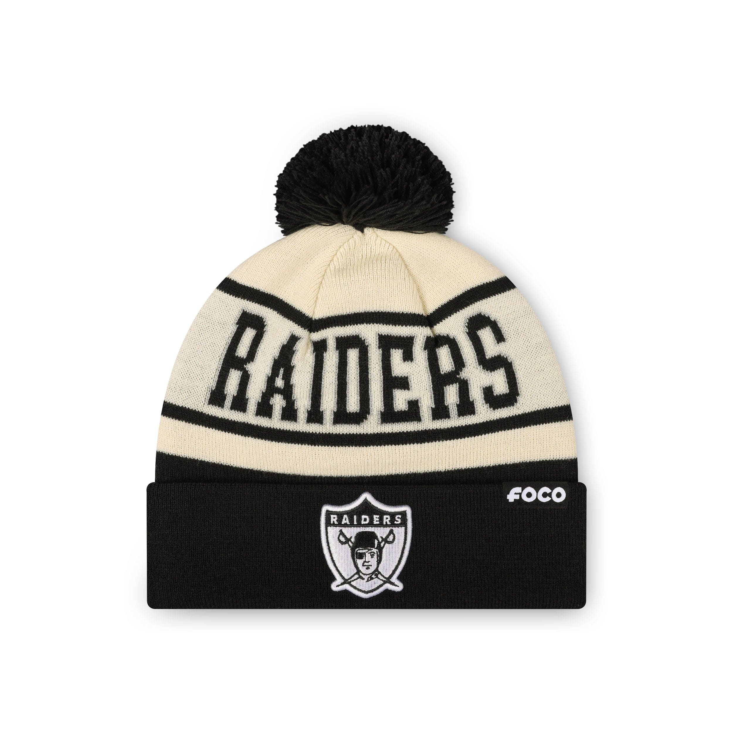 Las Vegas Raiders NFL Cream Heritage Stripe Retro Logo Pom Beanie