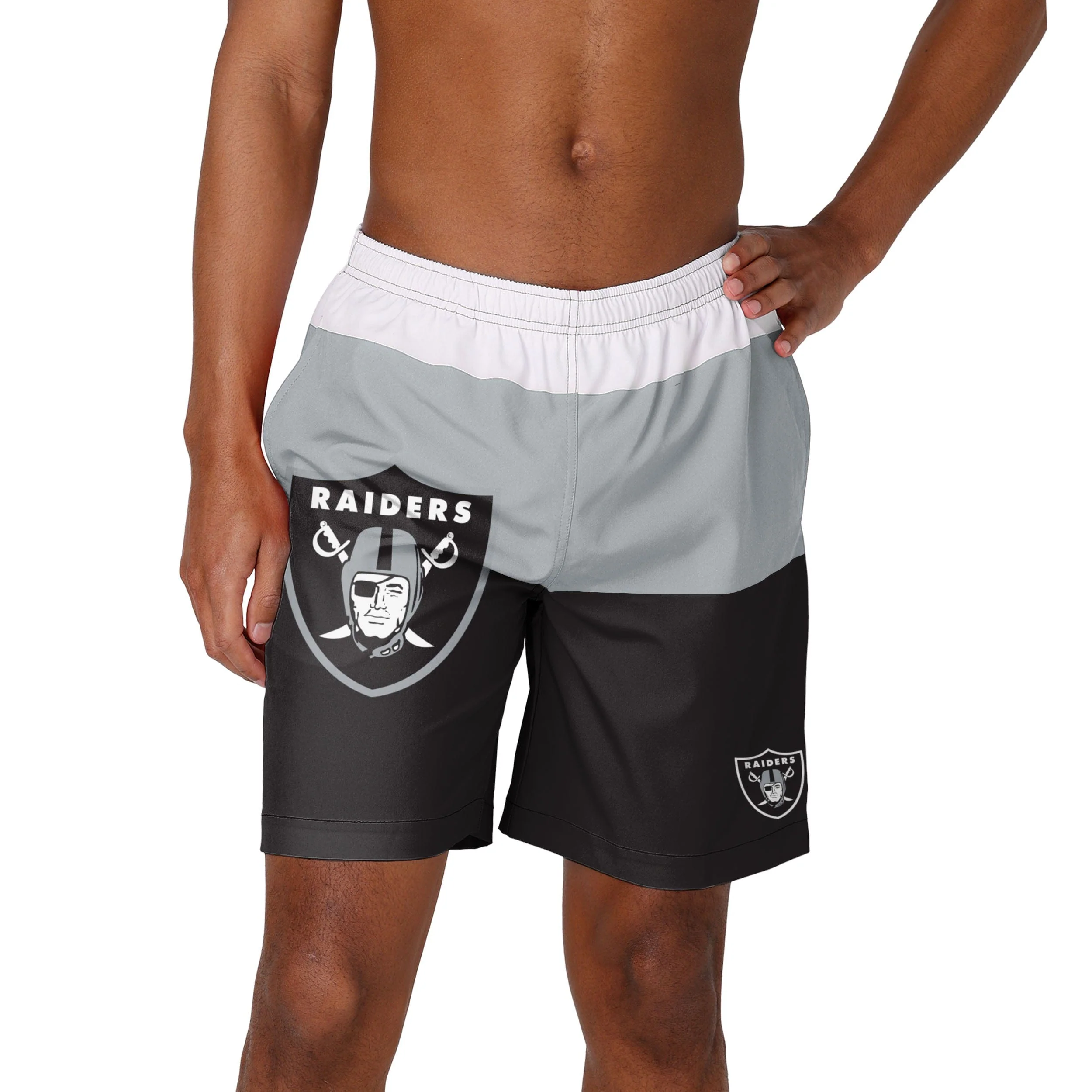 Las Vegas Raiders NFL Mens 3 Stripe Big Logo Swimming Trunks - Image 2