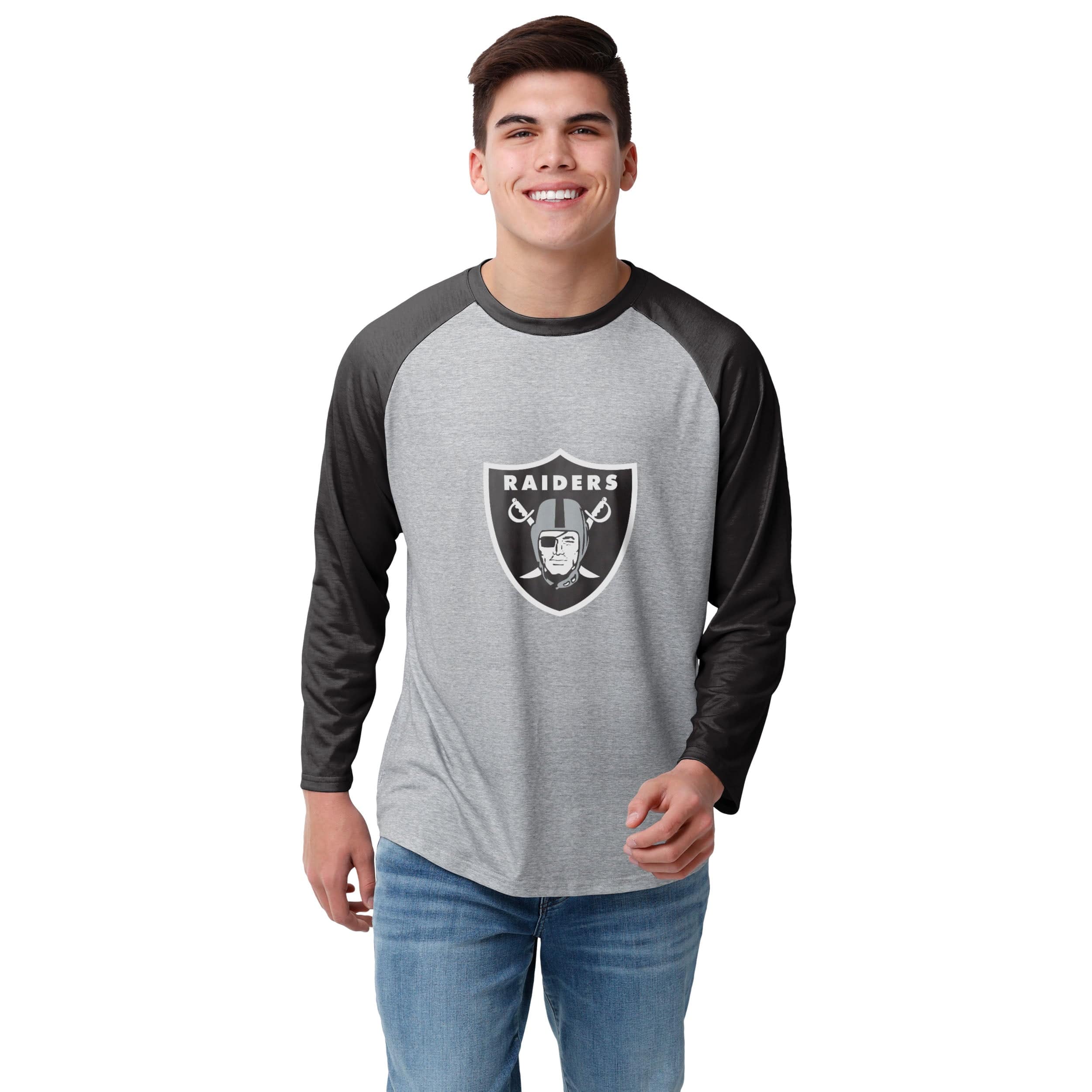 Las Vegas Raiders NFL Mens Gray Big Logo Raglan T-Shirt - Image 2