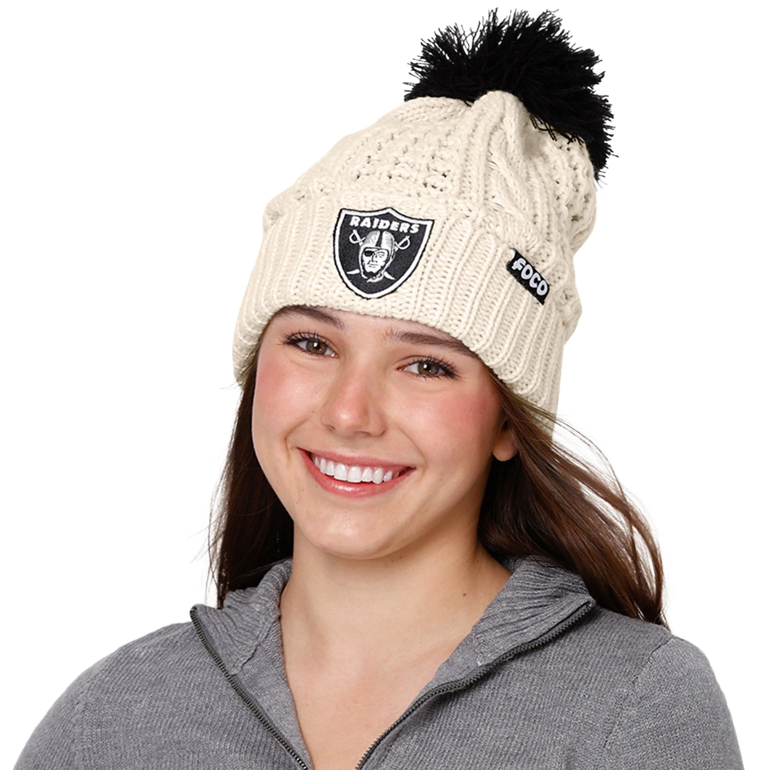 Las Vegas Raiders NFL Womens Primary Logo White Cable Knit Pom Beanie - Image 3