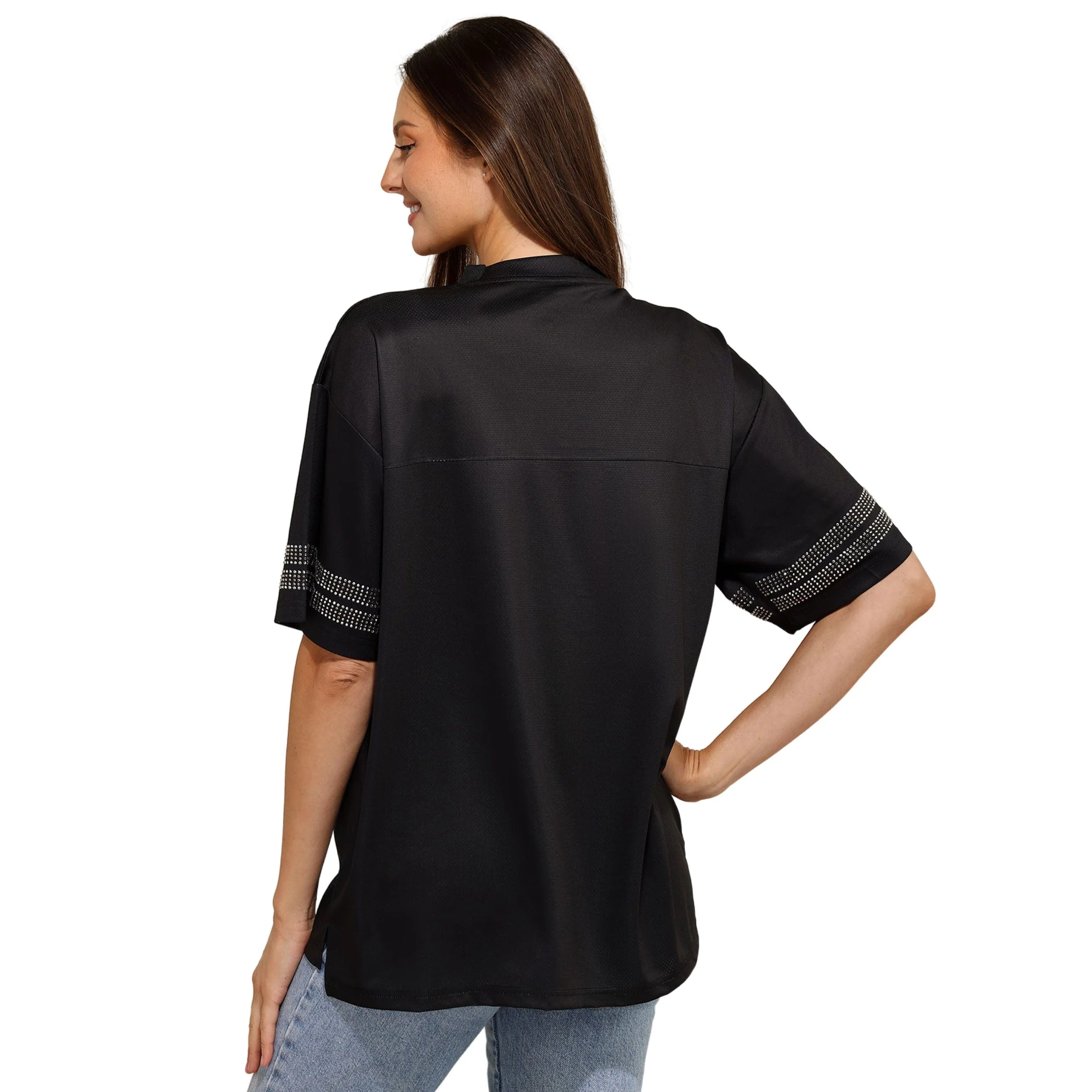Las Vegas Raiders NFL Womens Rhinestone Logo Oversized V-Neck Mesh T-Shirt - Image 3
