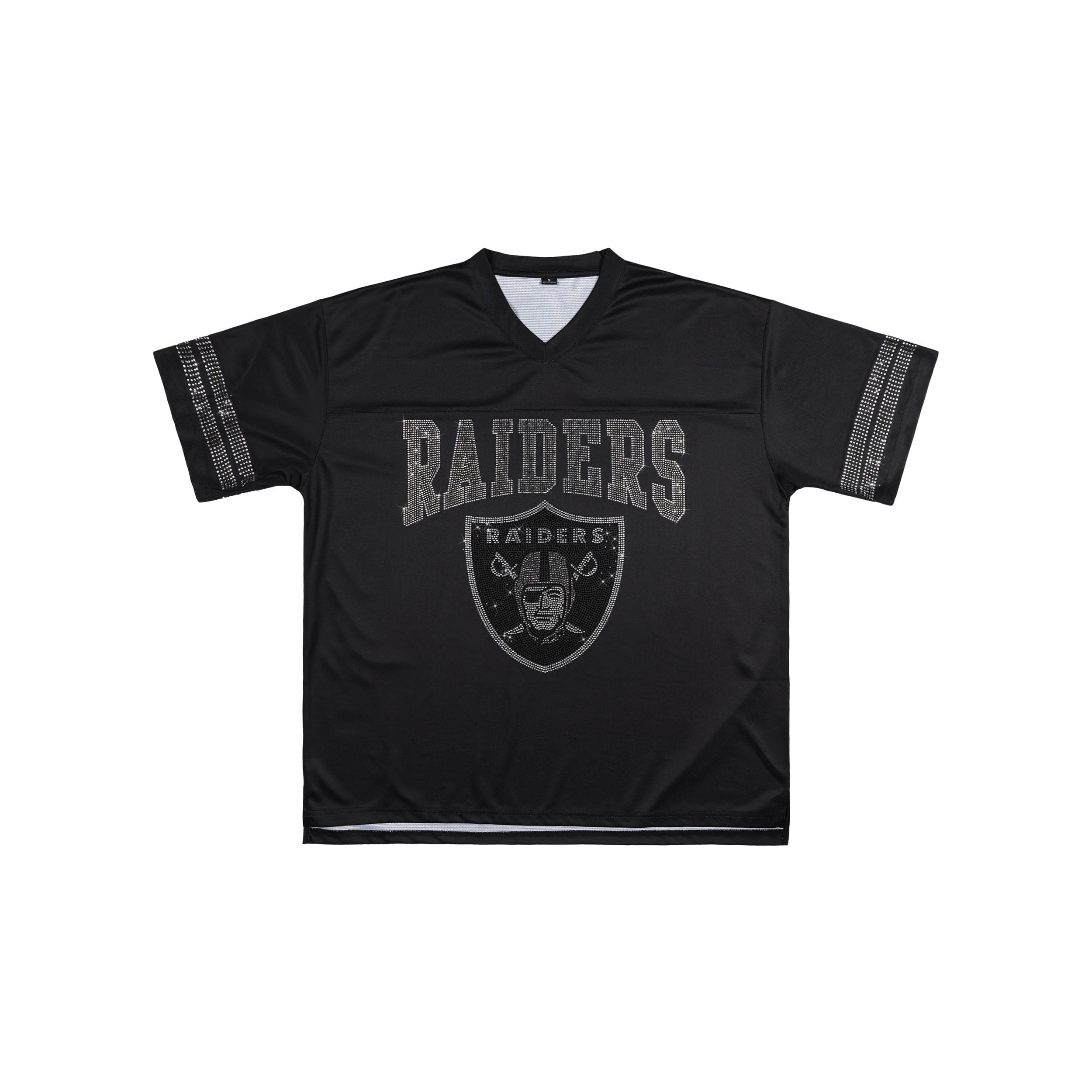 Las Vegas Raiders NFL Womens Rhinestone Logo Oversized V-Neck Mesh T-Shirt - Image 4