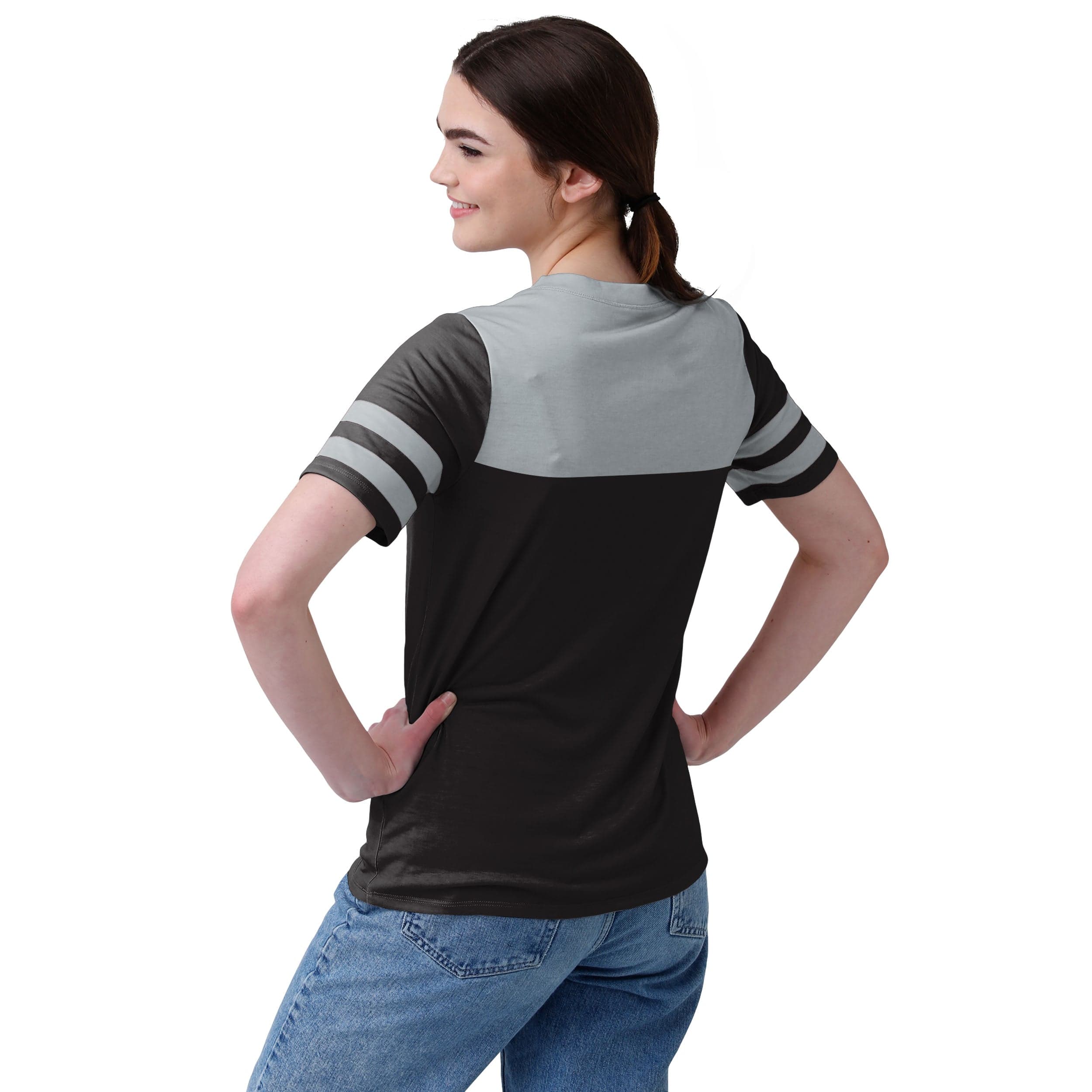 Las Vegas Raiders NFL Womens Team Stripe Property Of V-Neck T-Shirt - Image 2