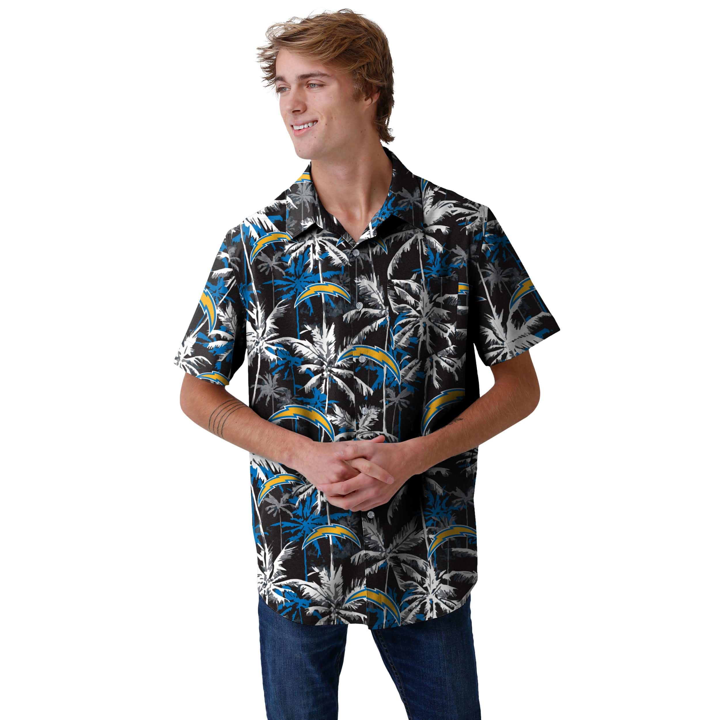 Los Angeles Chargers NFL Mens Black Floral Button Up Shirt - Image 2