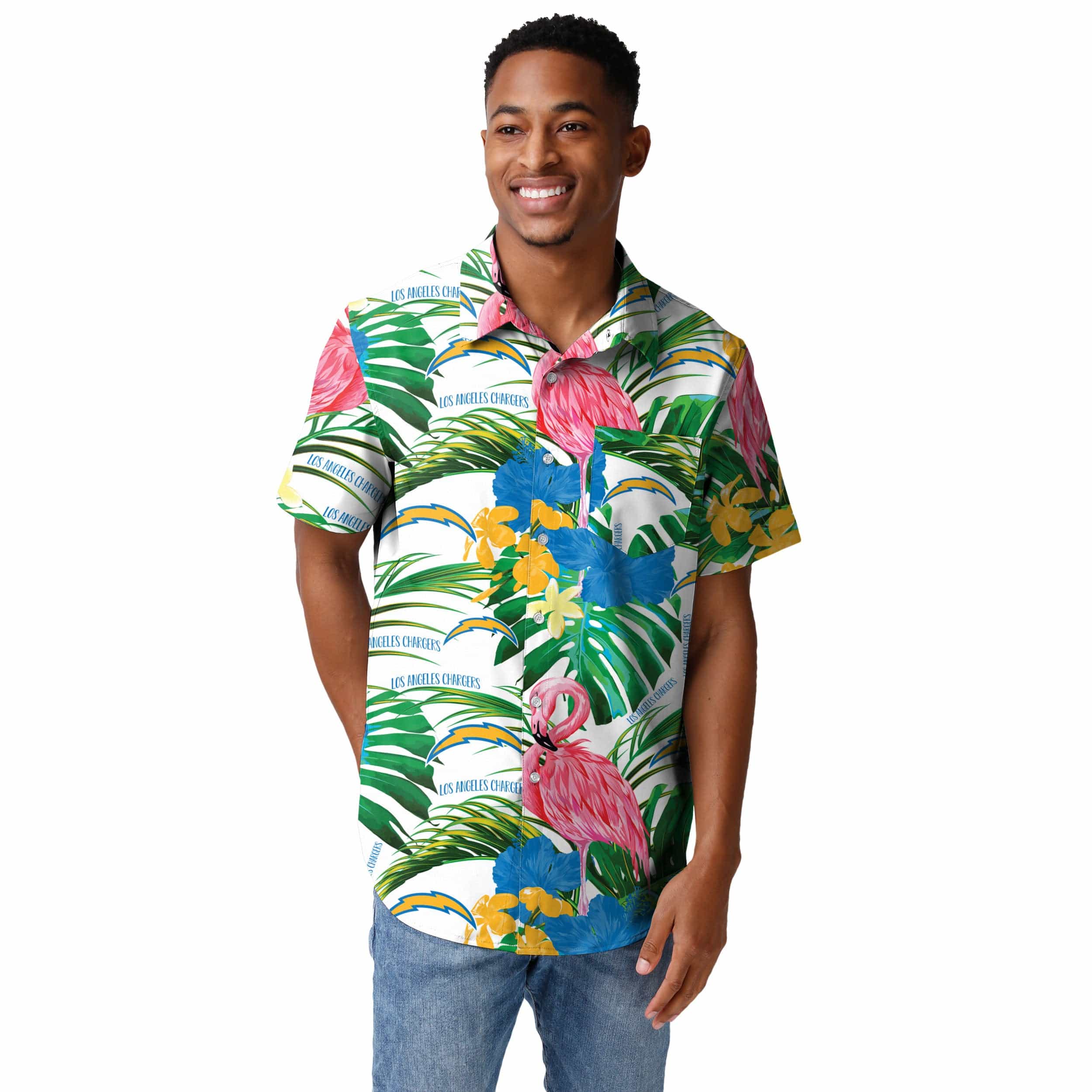 Los Angeles Chargers NFL Mens Flamingo Button Up Shirt - Image 2