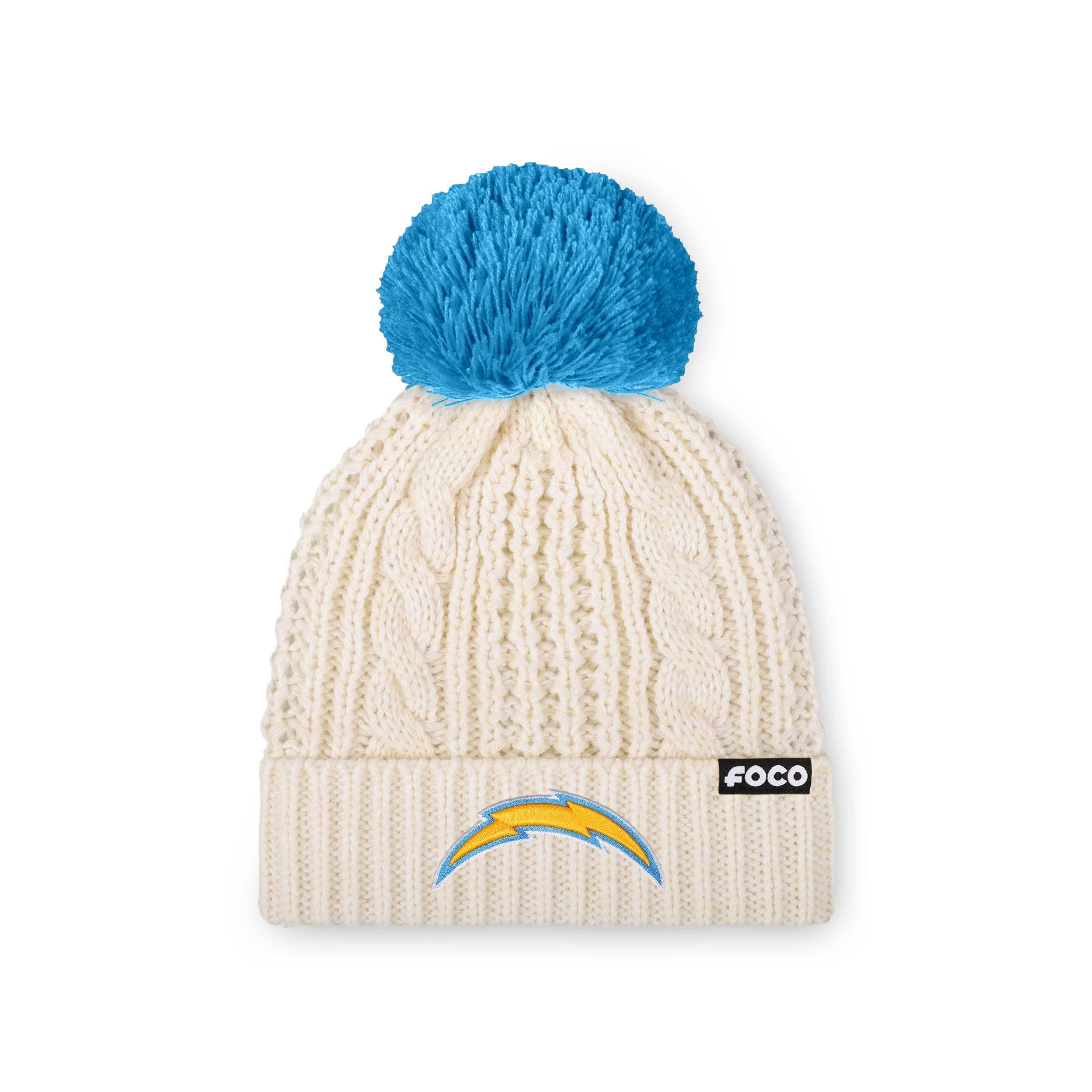 Los Angeles Chargers NFL Womens Primary Logo White Cable Knit Pom Beanie