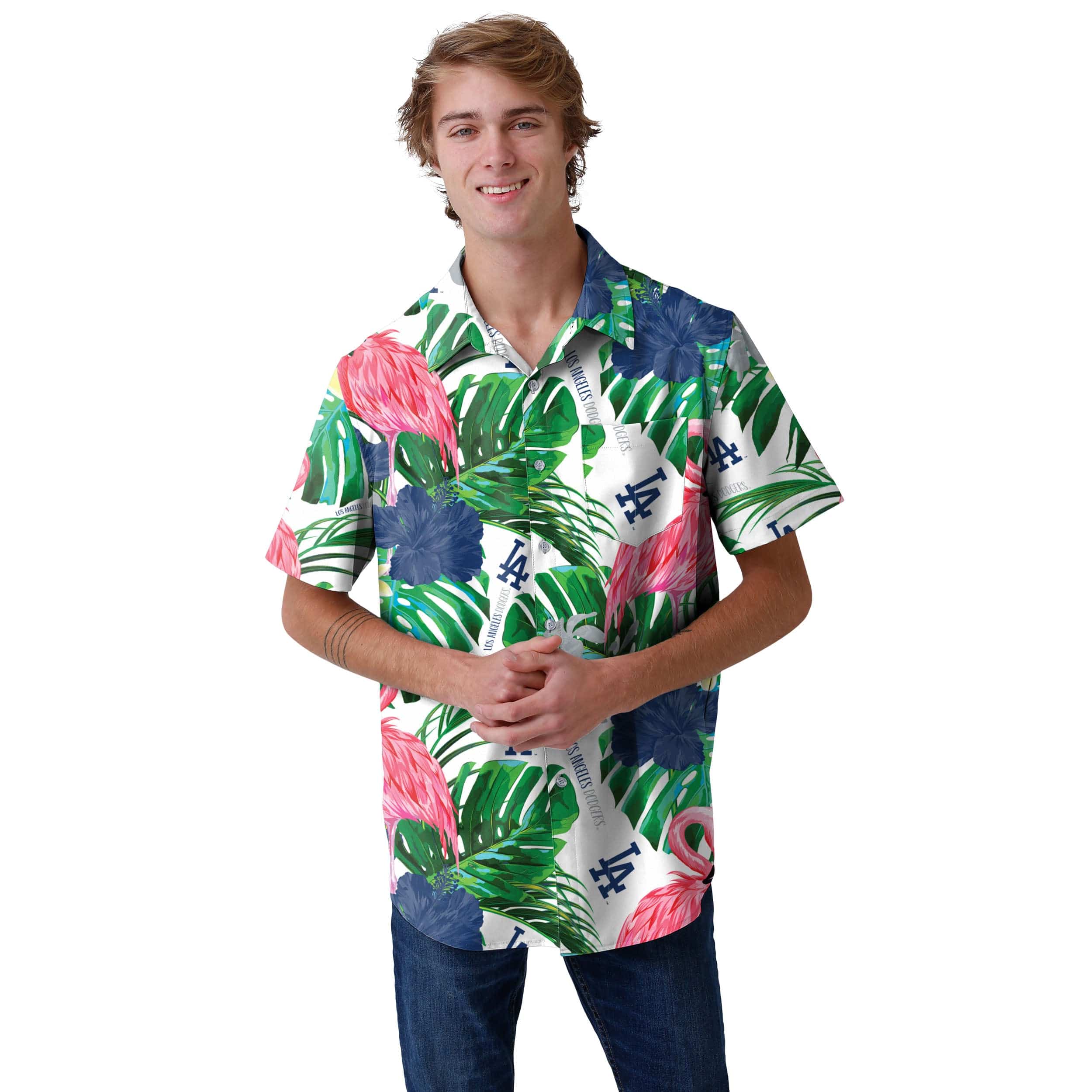 Los Angeles Dodgers MLB Mens Flamingo Button Up Shirt - Image 2