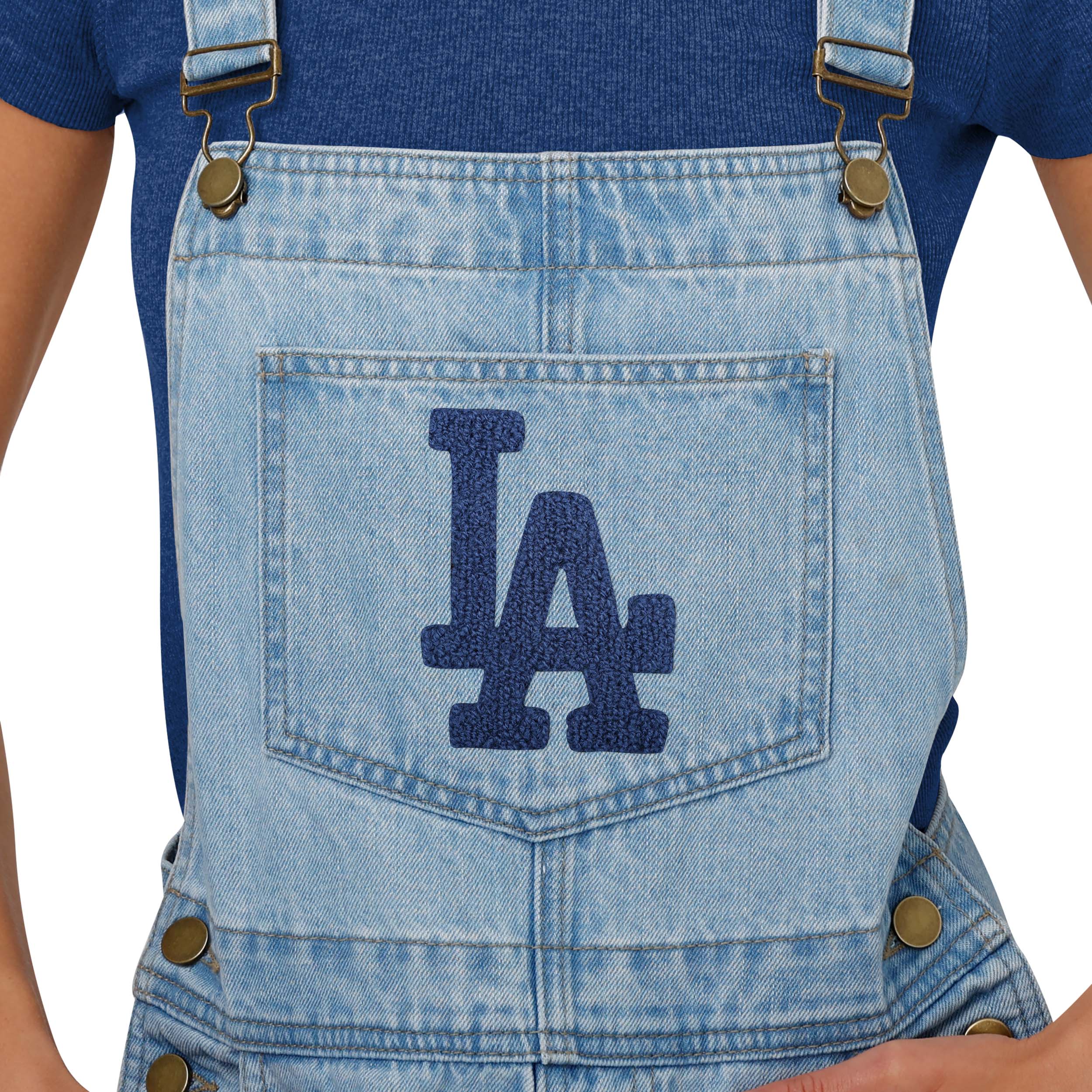 Los Angeles Dodgers MLB Womens Big Logo Denim Bib Shortalls - Image 3