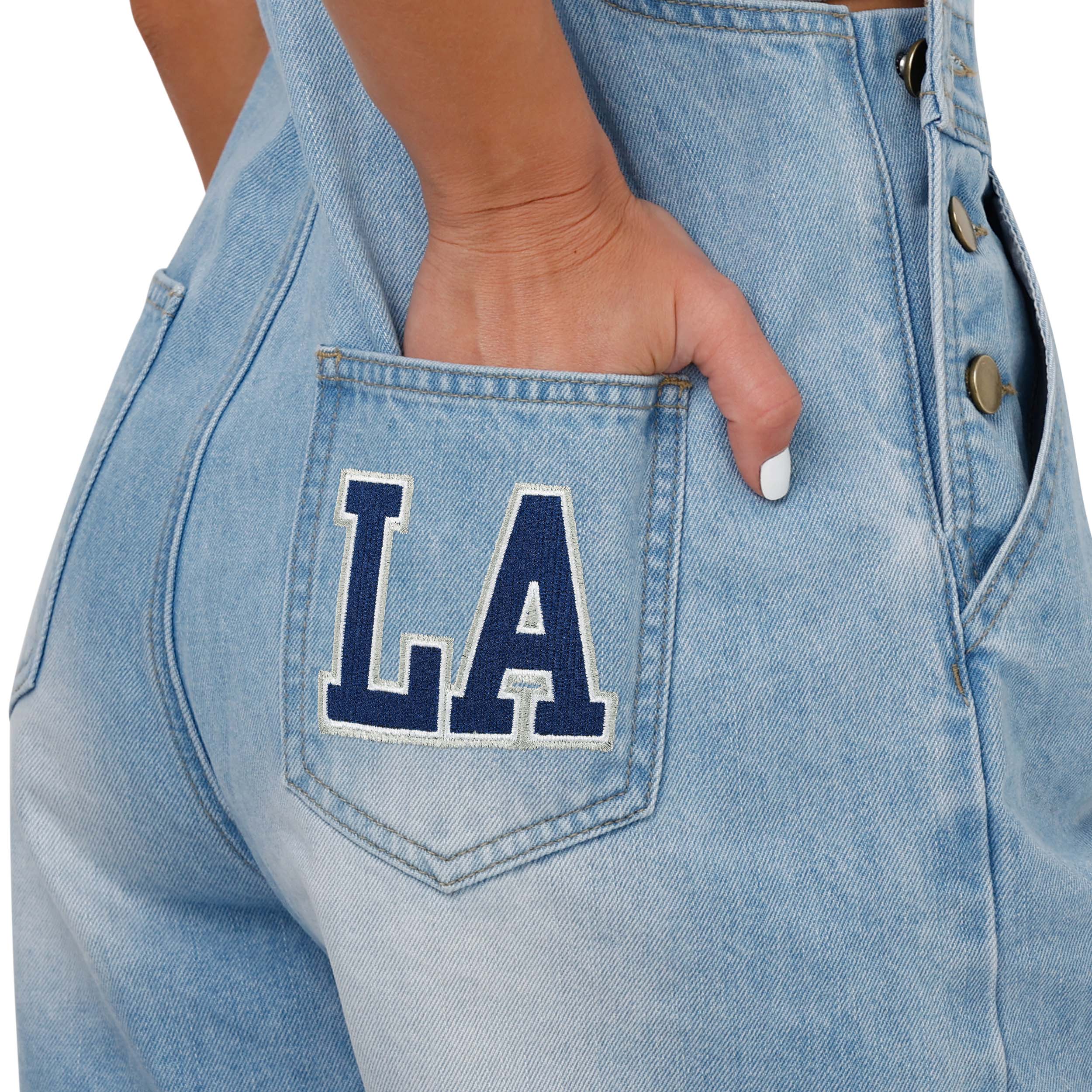Los Angeles Dodgers MLB Womens Big Logo Denim Bib Shortalls - Image 5