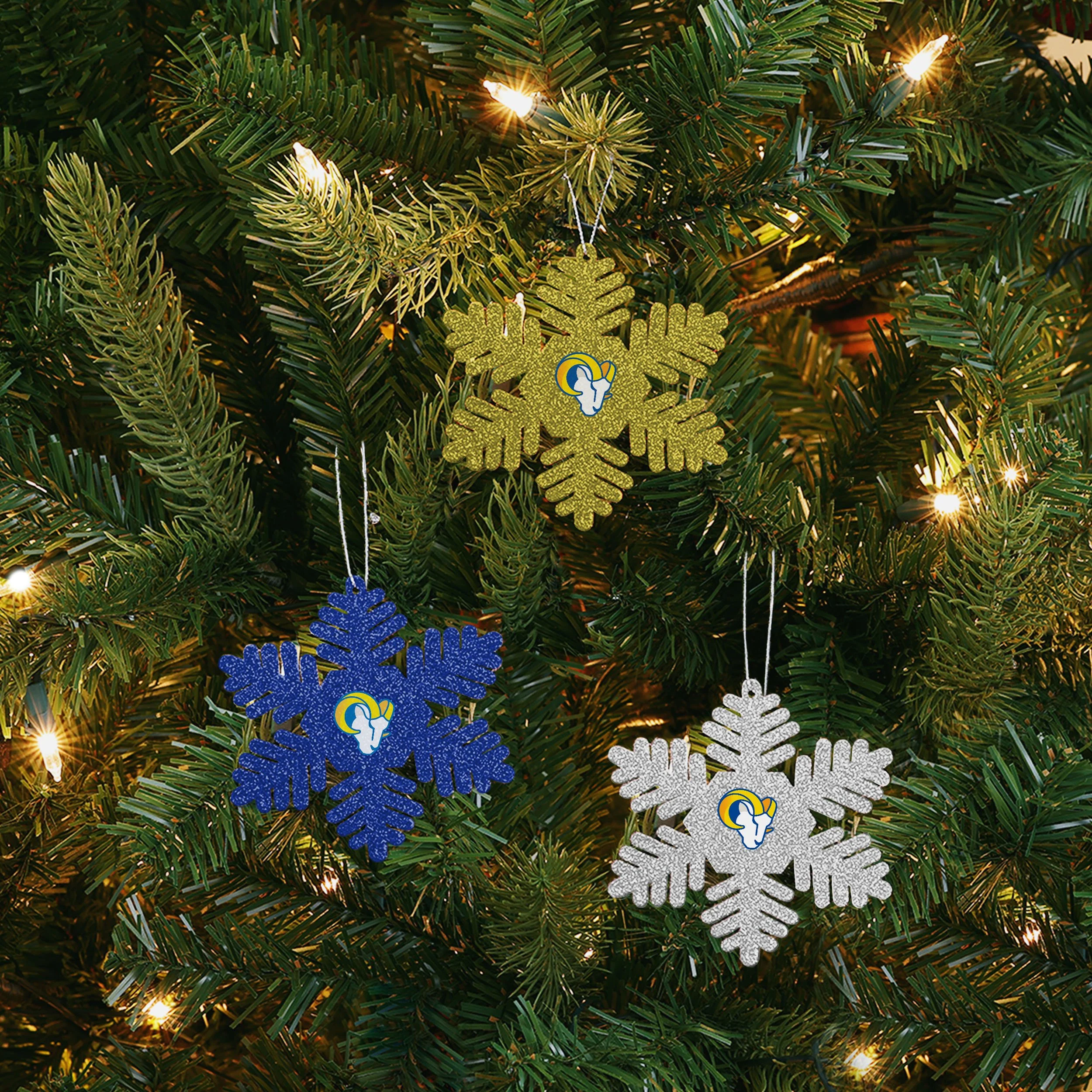 Los Angeles Rams NFL 3 Pack Metal Glitter Snowflake Ornament - Image 2