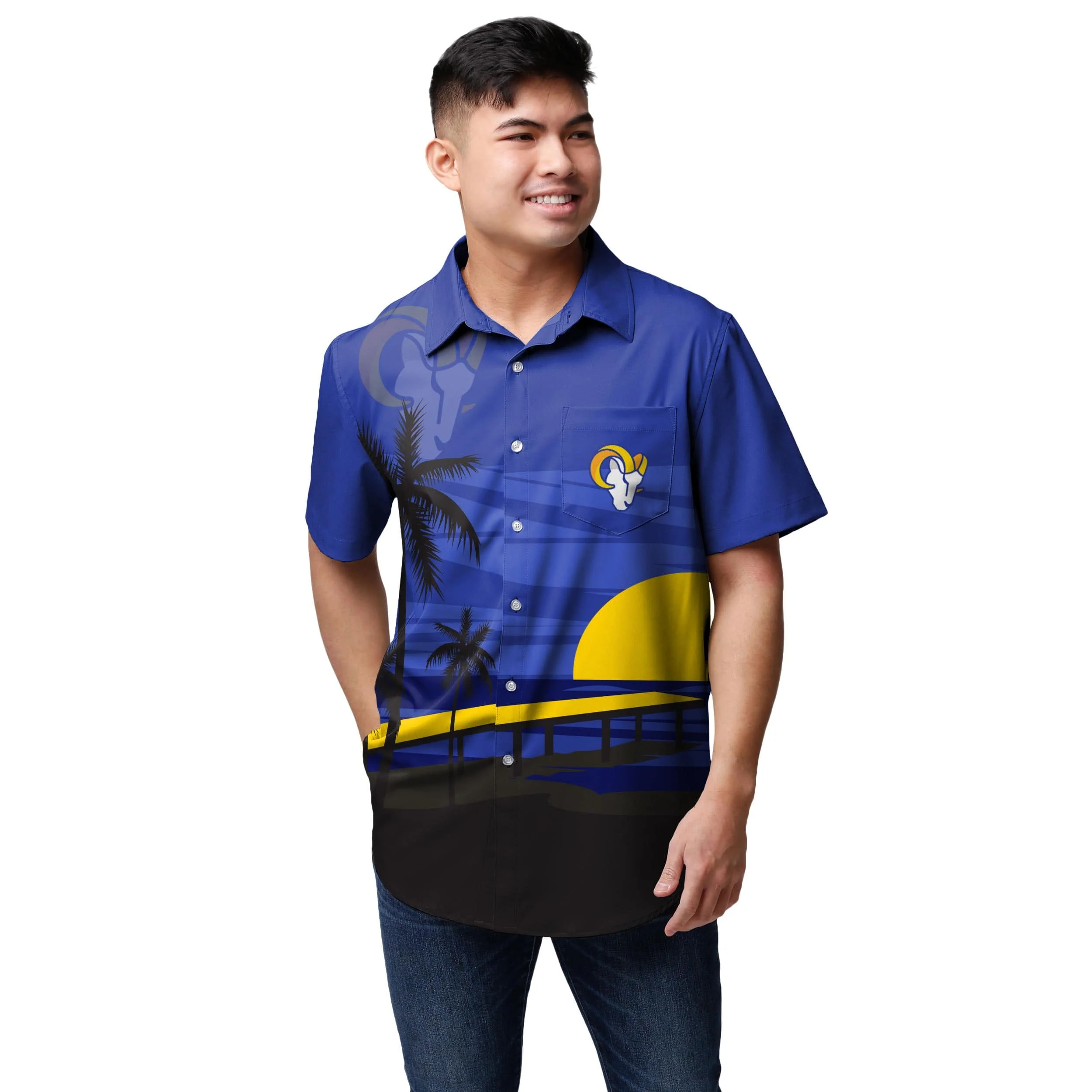 Los Angeles Rams NFL Mens Tropical Sunset Button Up Shirt - Image 2