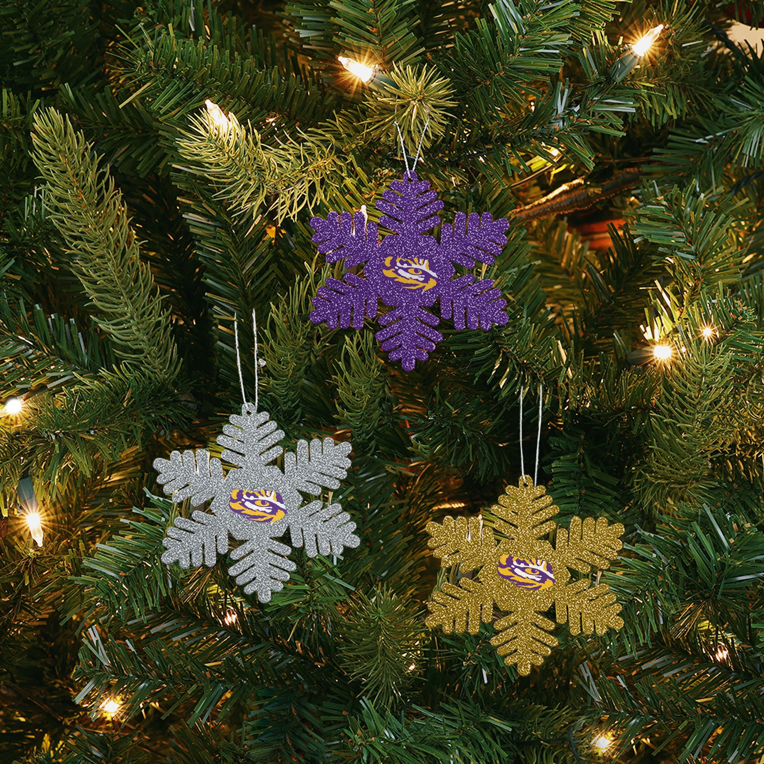 LSU Tigers NCAA 3 Pack Metal Glitter Snowflake Ornament - Image 2